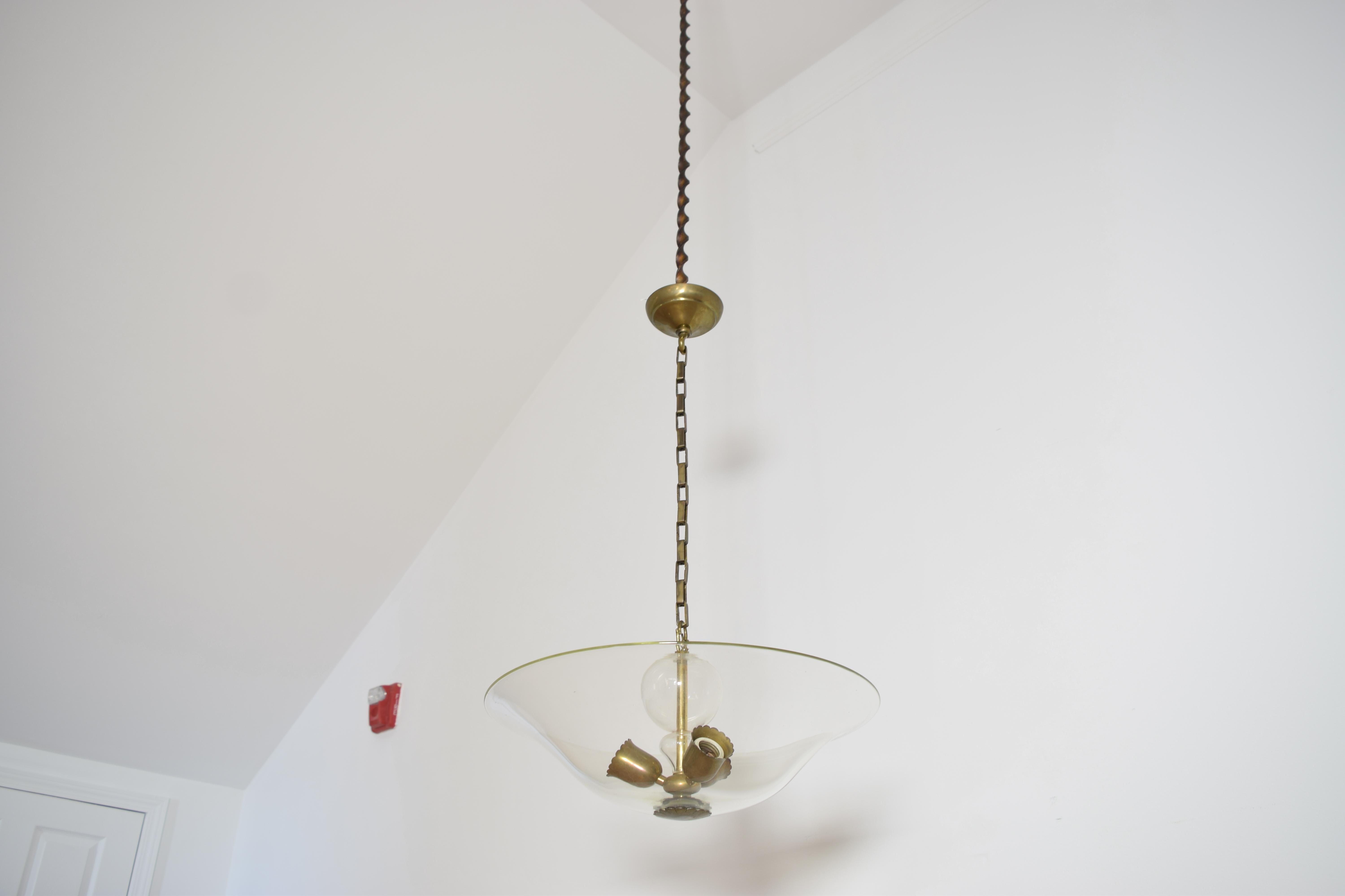 Italian Mid Century Glass and Brass 3-Light Chandelier, mid 20th century 4