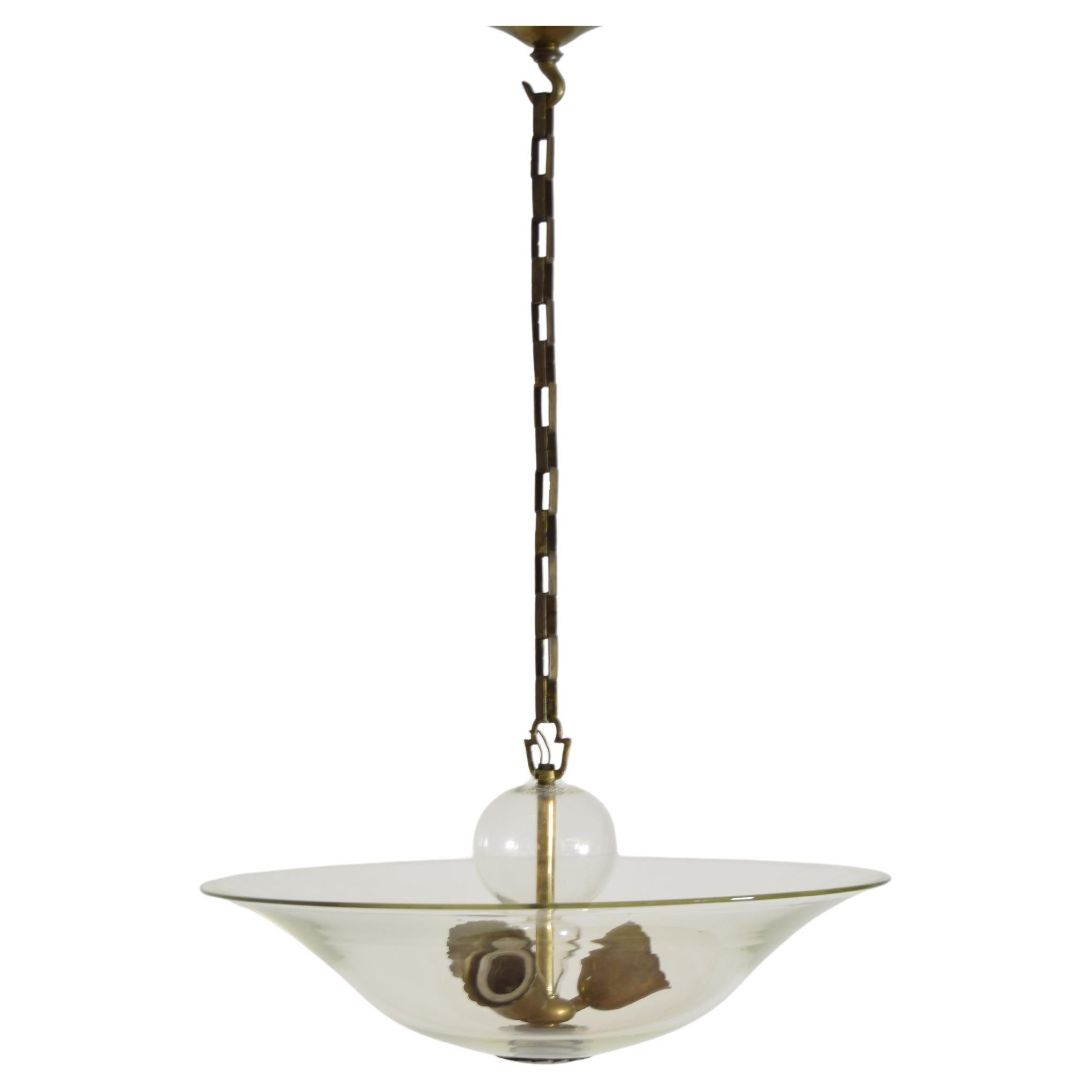 Italian Mid Century Glass and Brass 3-Light Chandelier, mid 20th century