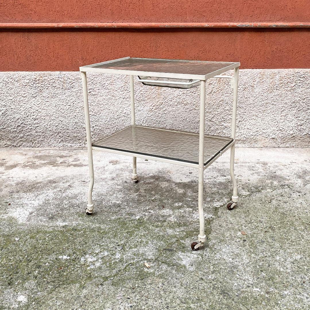 Enameled Italian Mid Century Glass and White Metal Laboratory Trolley on Wheels, 1940s For Sale
