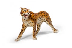 Italian Mid-Century Glazed Porcelain Striding Leopard Sculpture