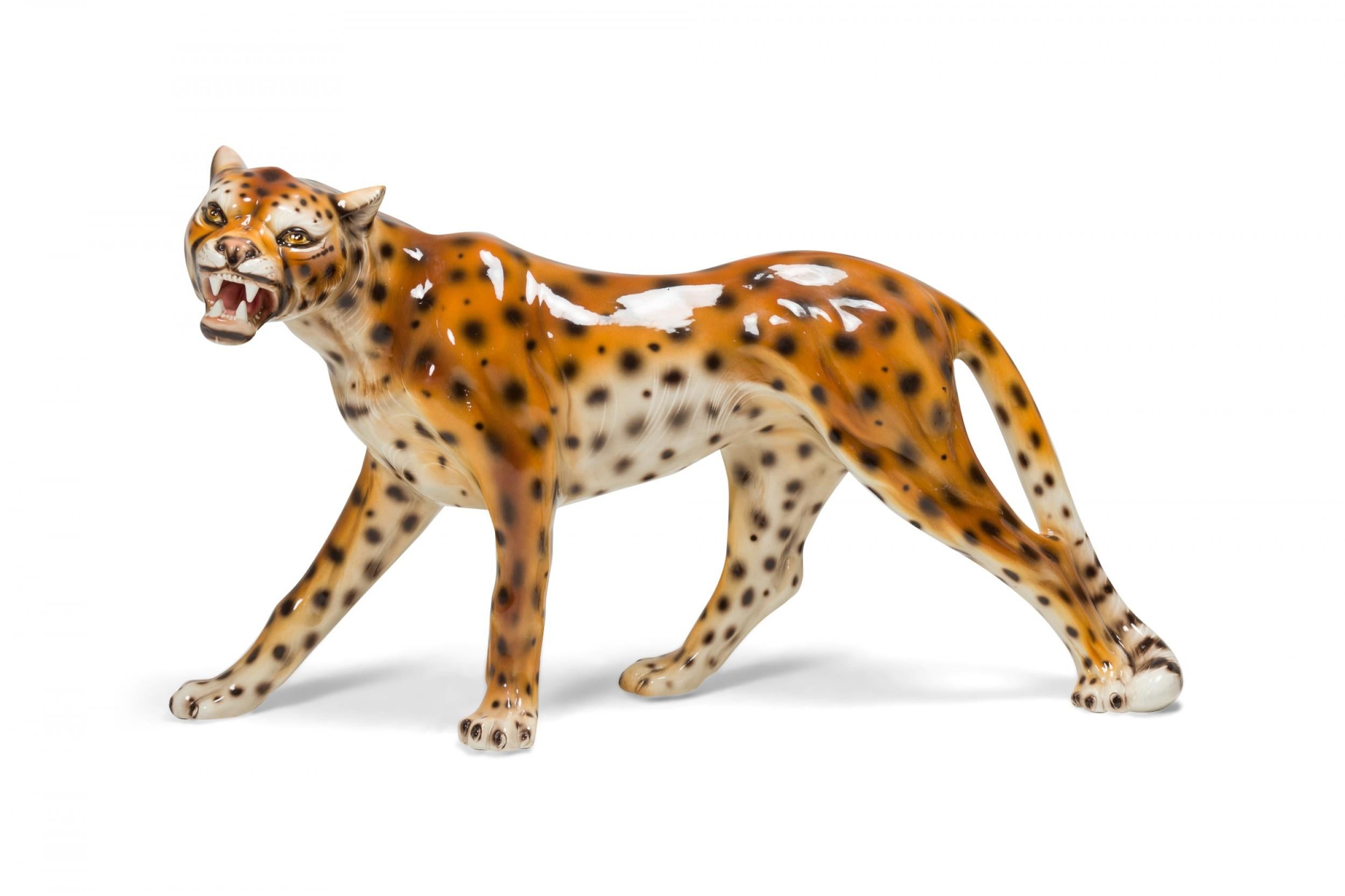 Mid-Century Modern Italian Mid-Century Glazed Porcelain Striding Leopard Sculpture  For Sale