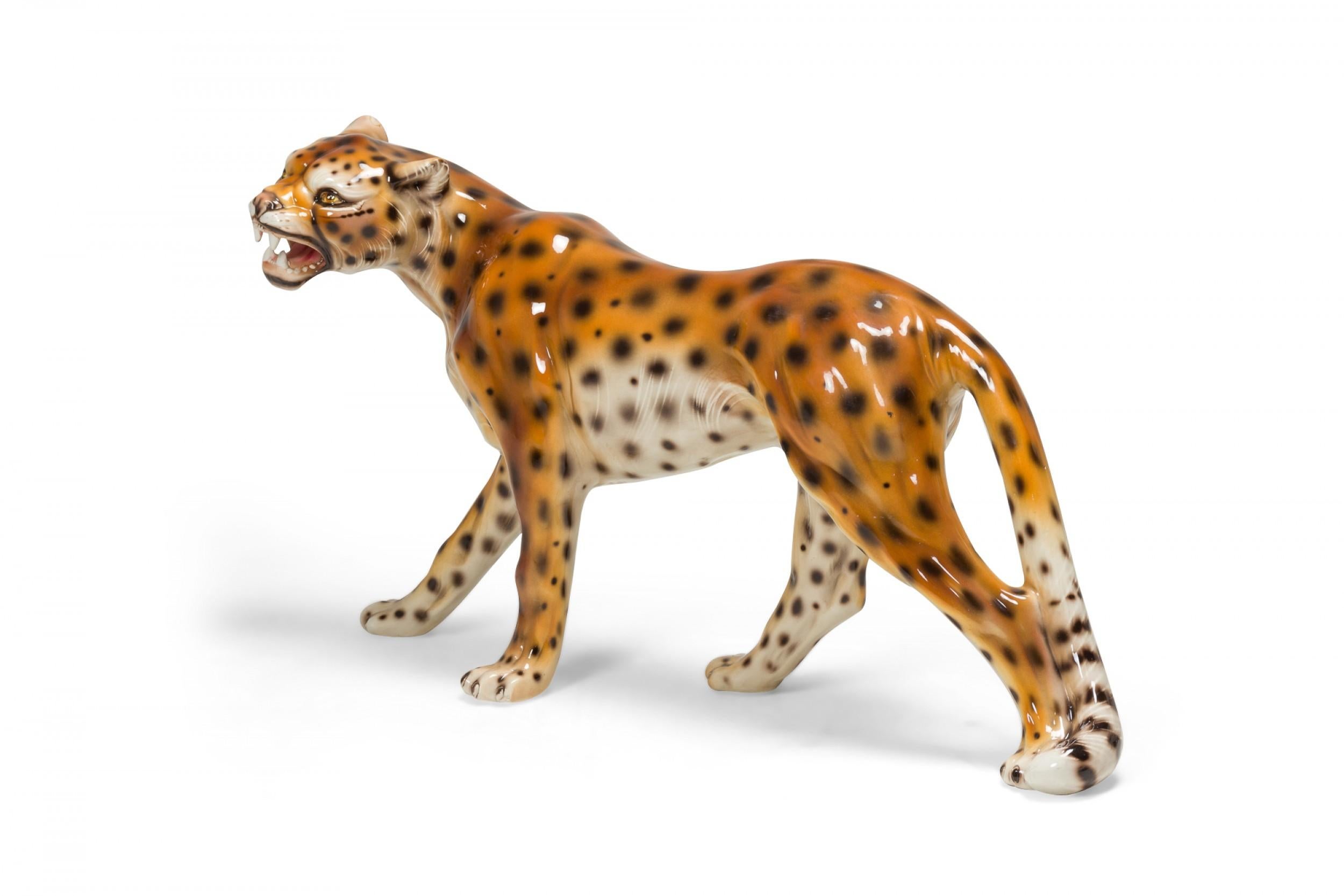 Italian Mid-Century Glazed Porcelain Striding Leopard Sculpture  In Good Condition For Sale In New York, NY