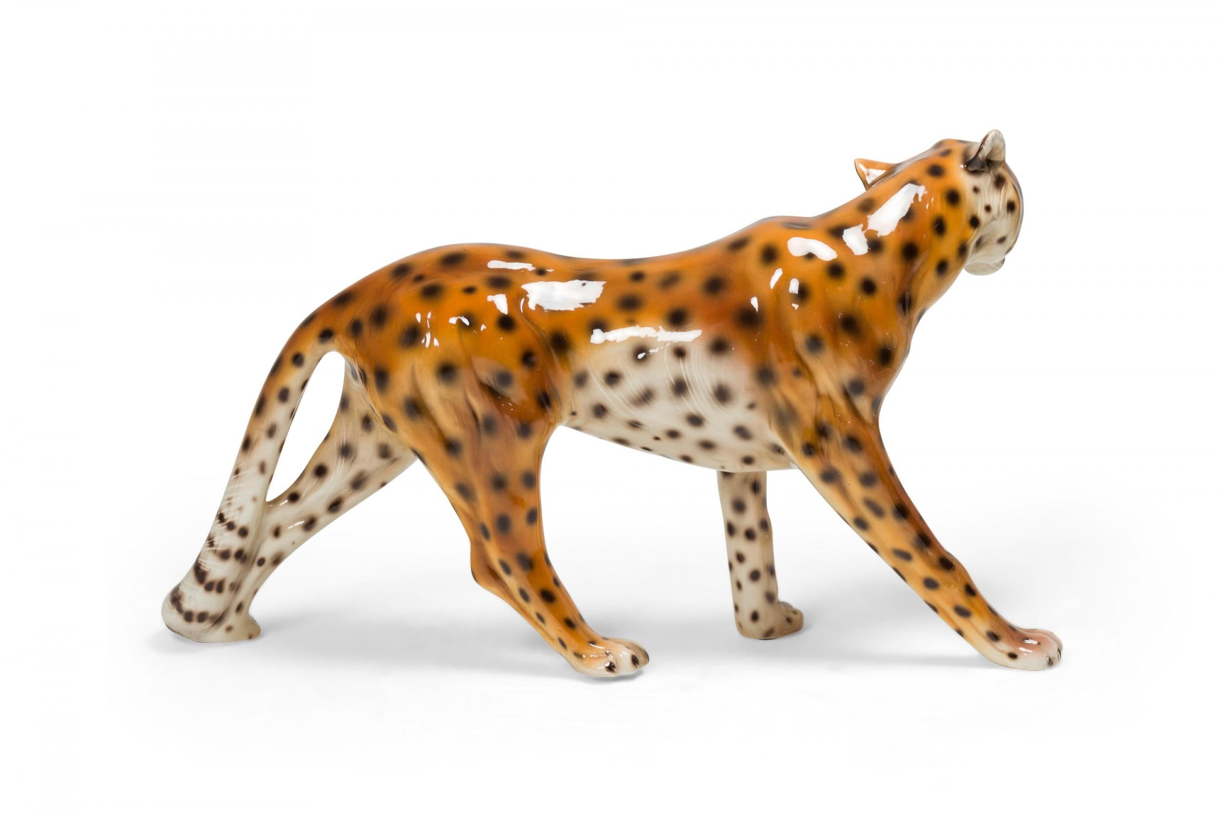 Ceramic Italian Mid-Century Glazed Porcelain Striding Leopard Sculpture  For Sale