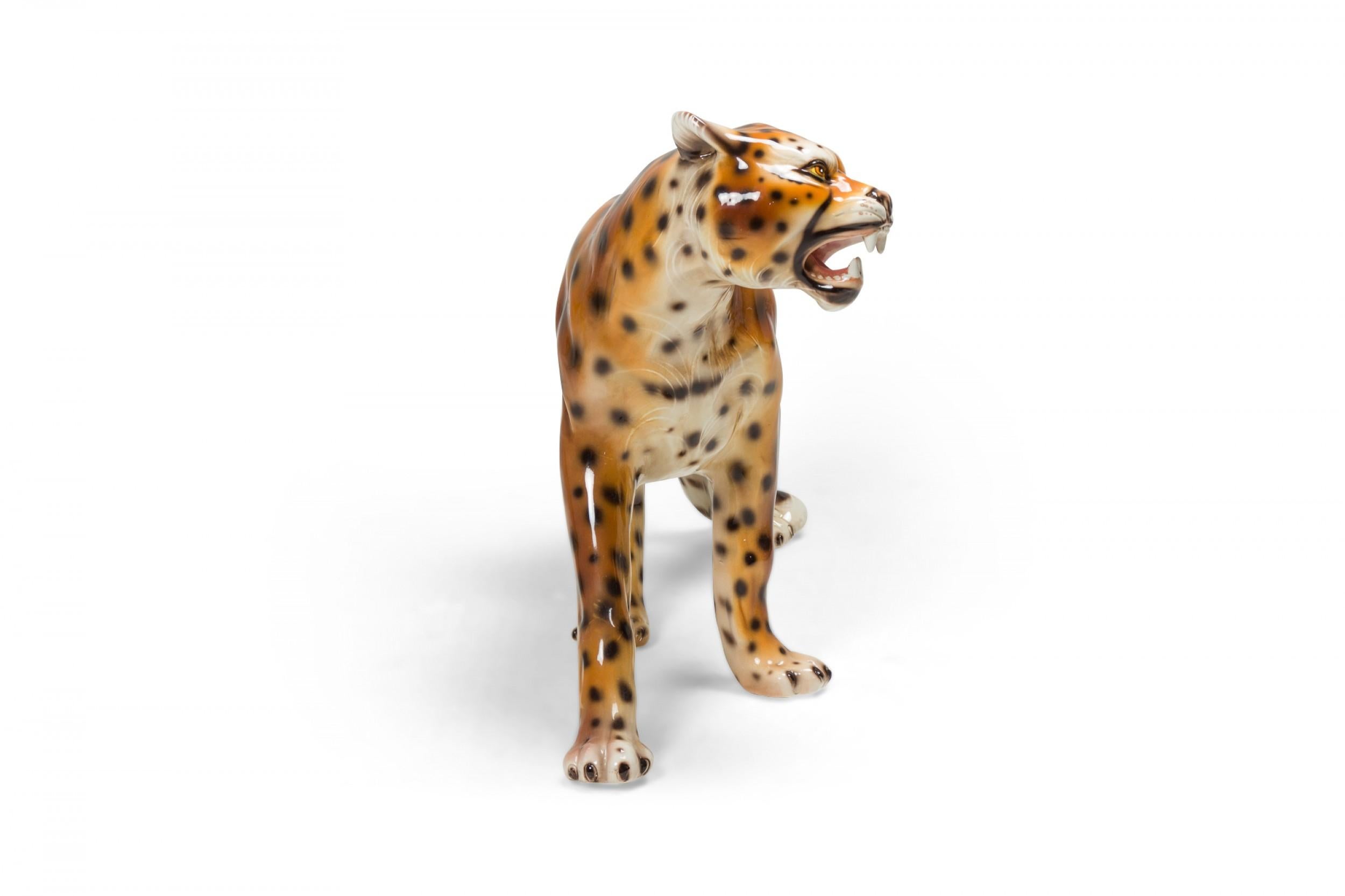 Italian Mid-Century Glazed Porcelain Striding Leopard Sculpture  For Sale 1