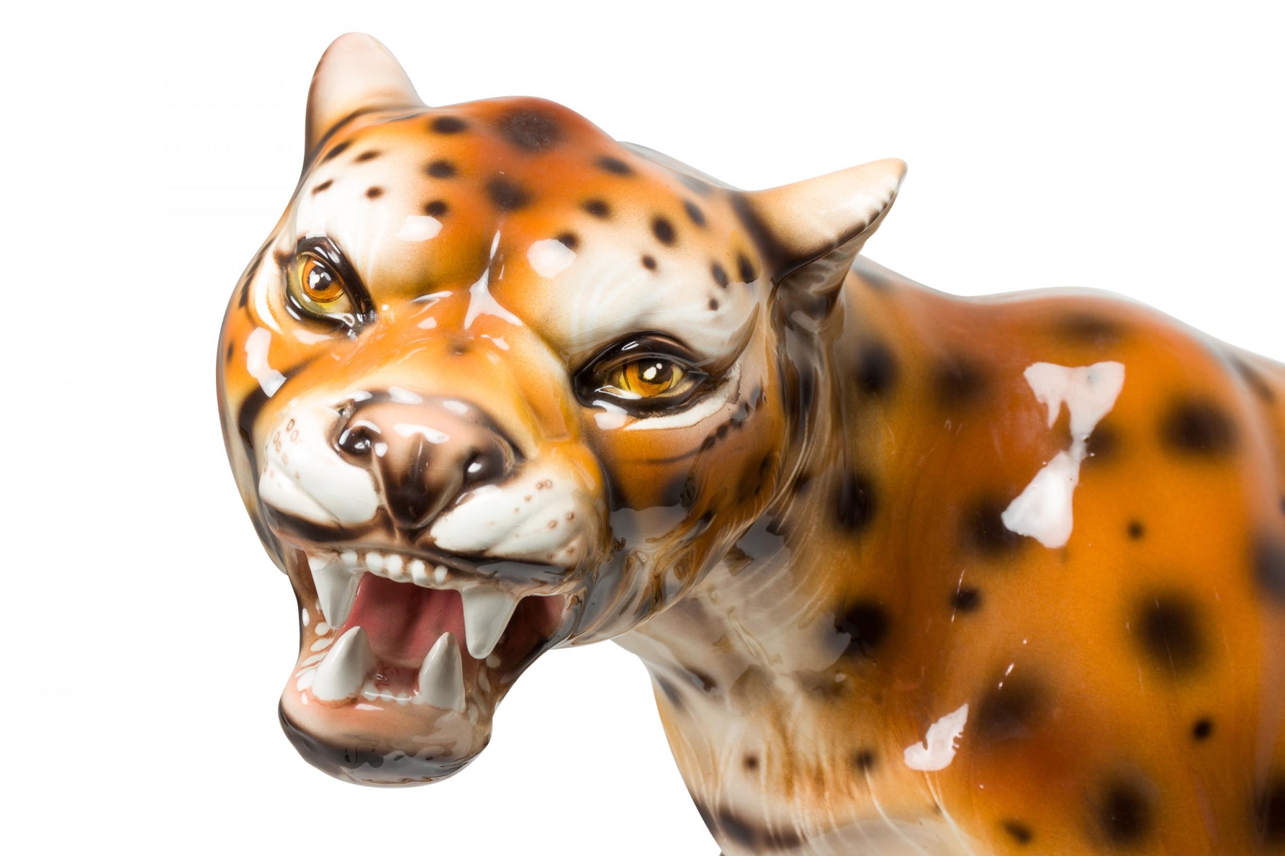 Italian Mid-Century Glazed Porcelain Striding Leopard Sculpture  For Sale 2
