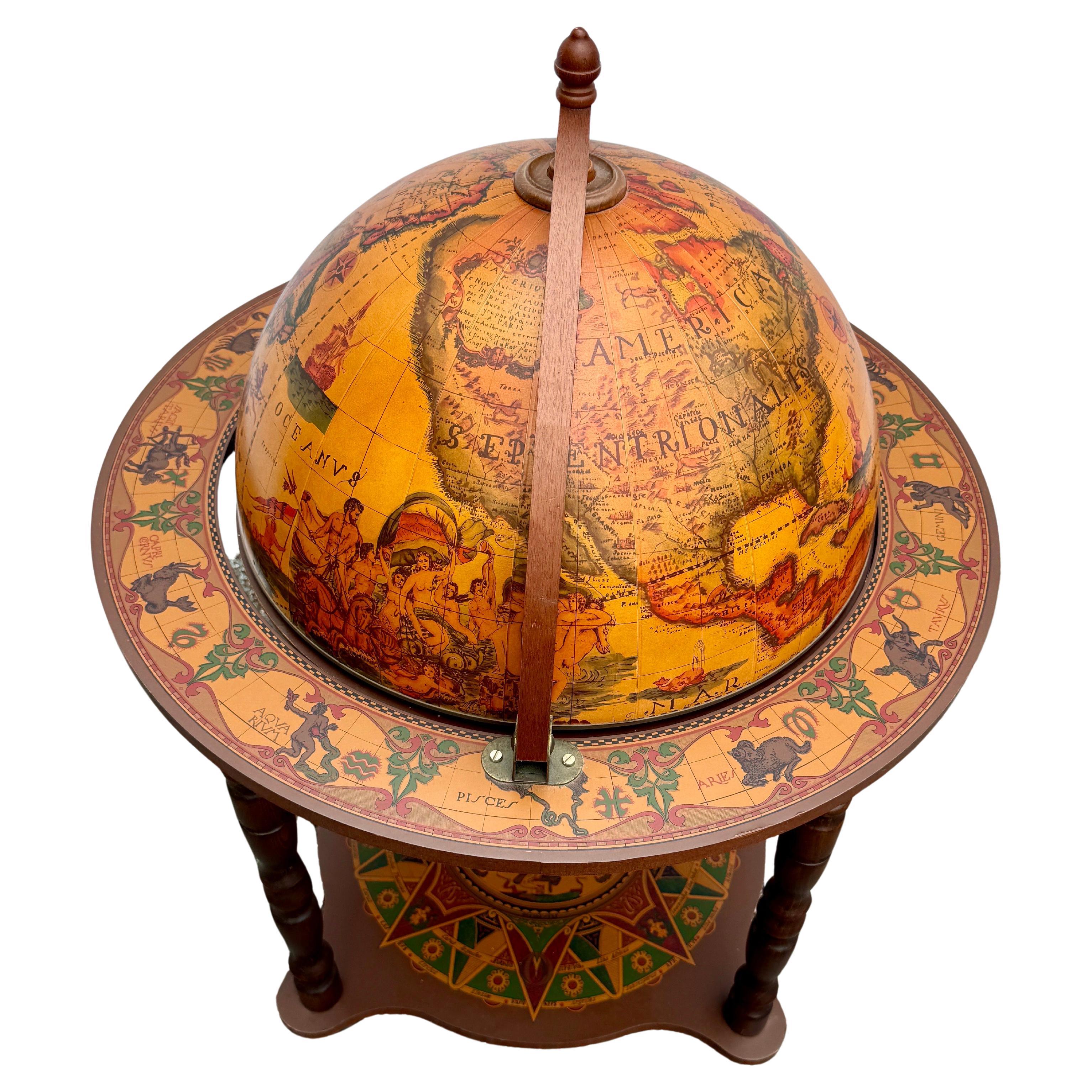 Campaign Italian Mid-Century Globe Zodiac Bar Cart  For Sale