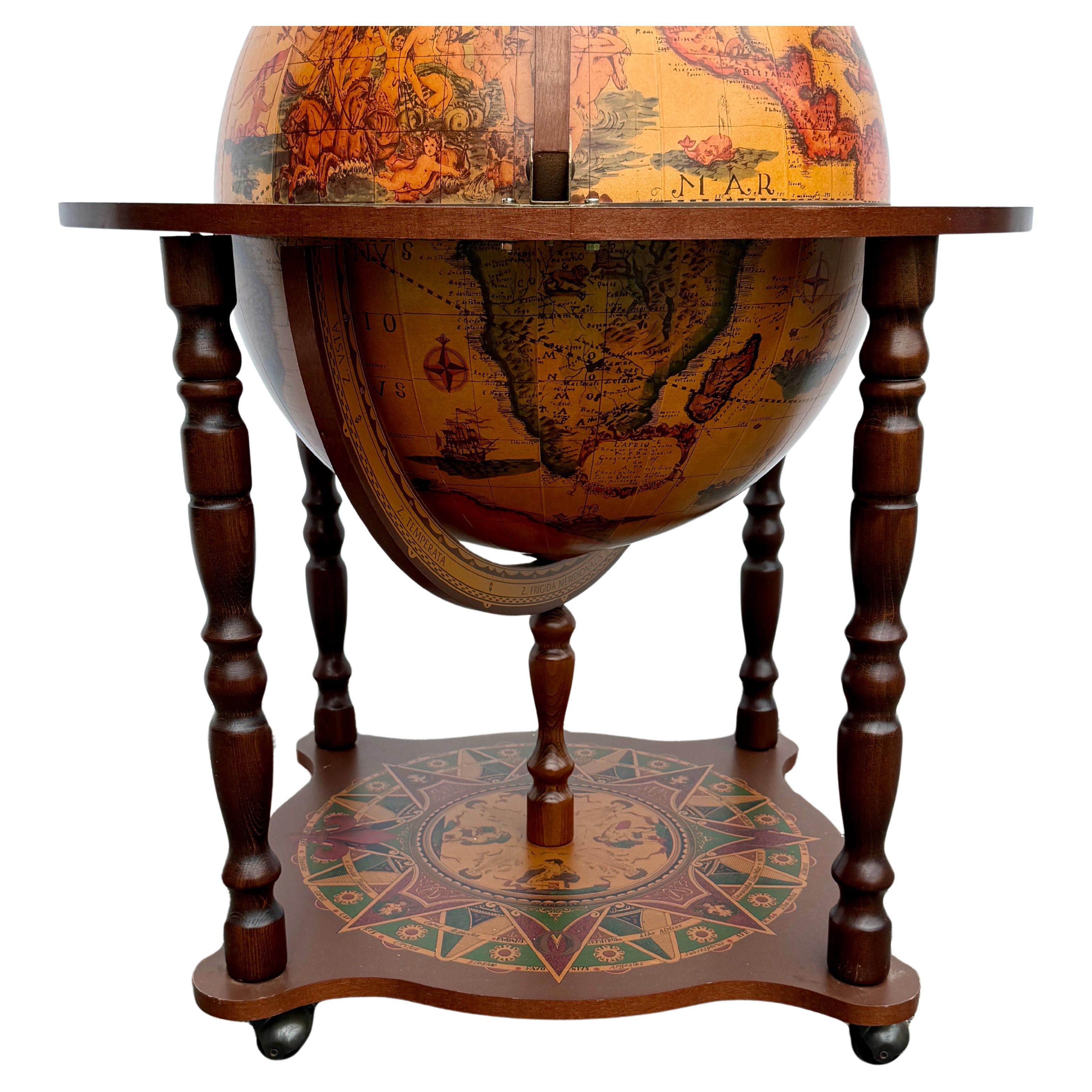 Wood Italian Mid-Century Globe Zodiac Bar Cart  For Sale