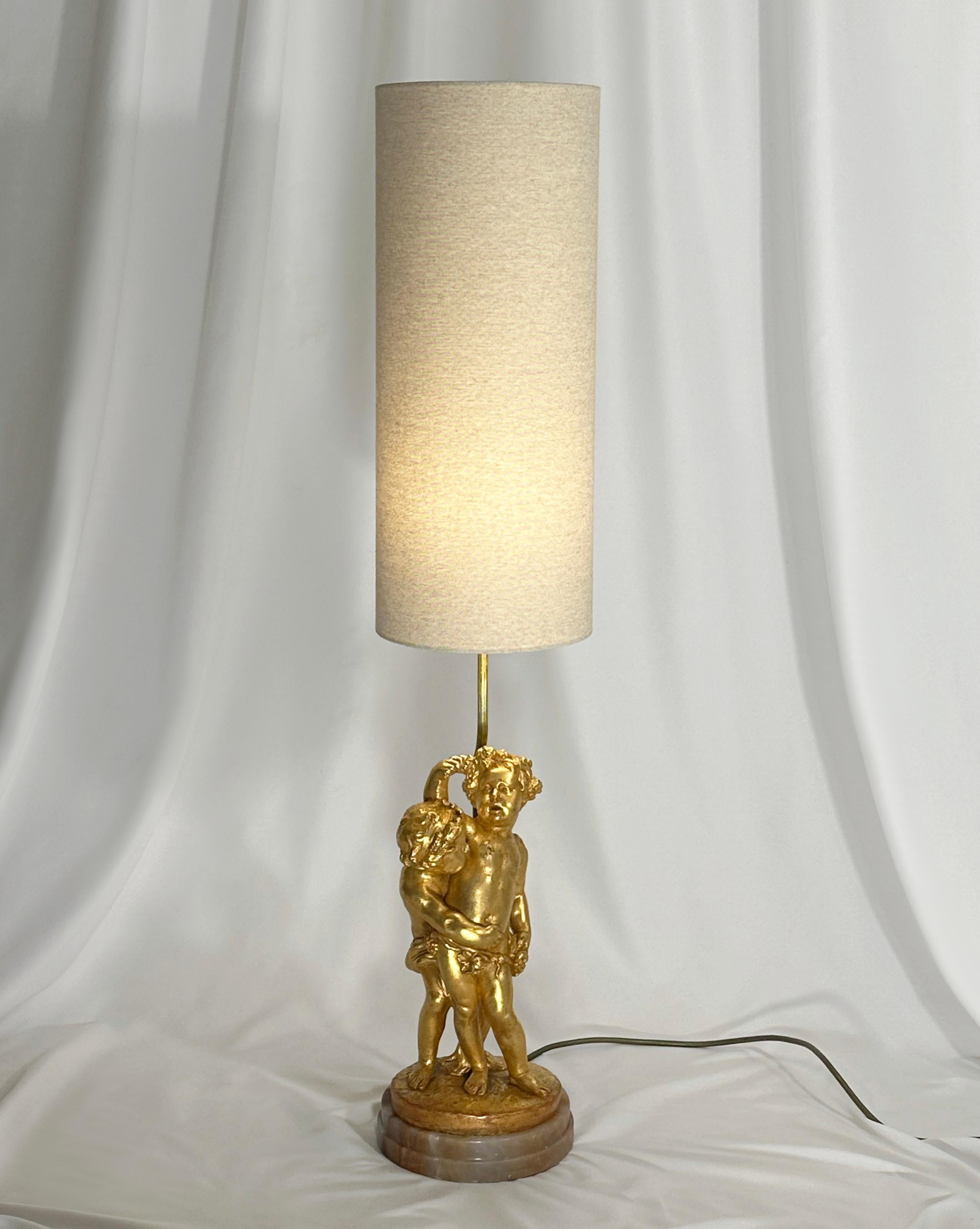 Vintage Gold Rococo Style Putti Lamp on Onyx Base In Good Condition For Sale In Glasgow, GB