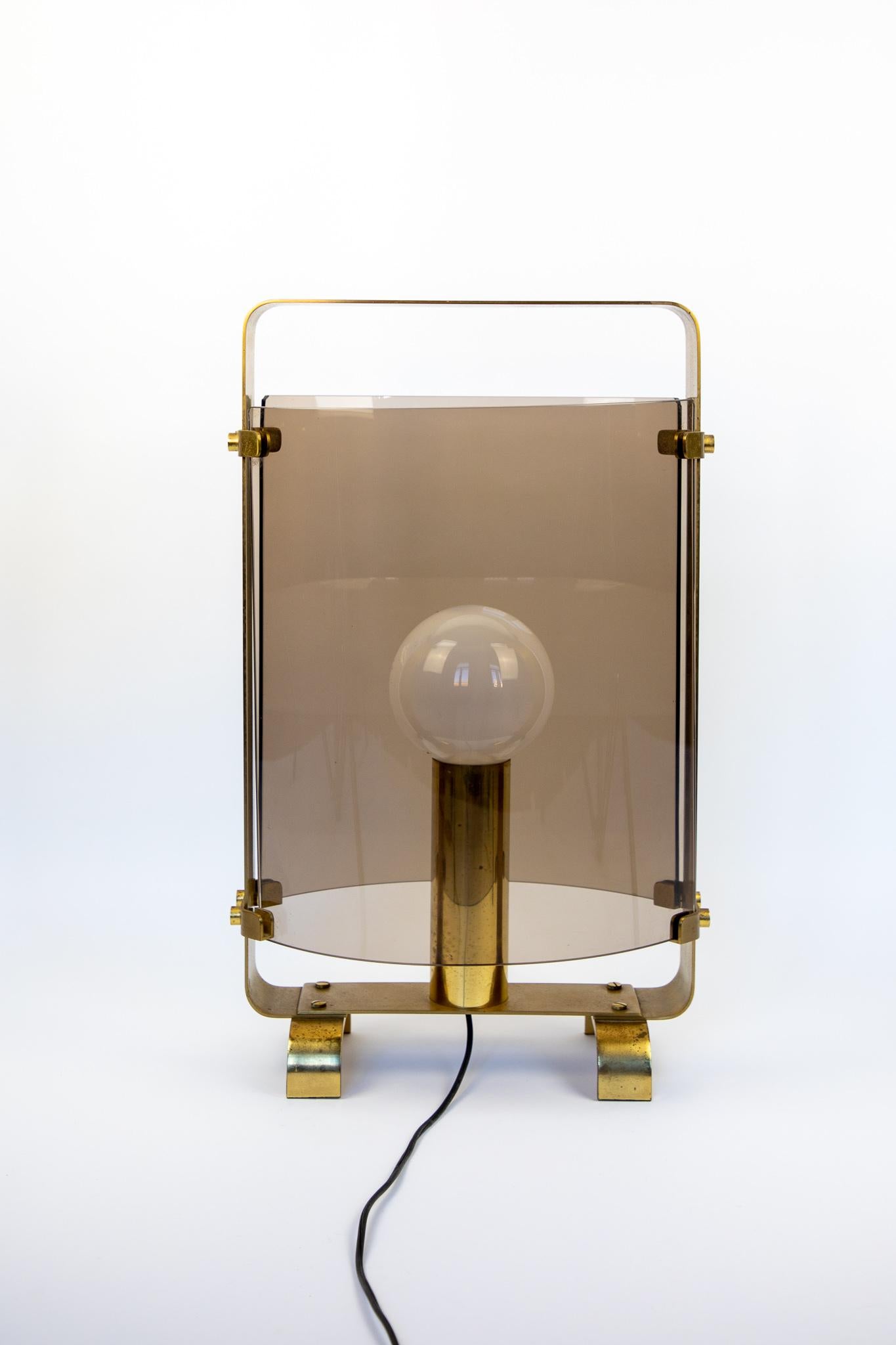 Italian Mid Century Modern Table Lamp XL, Smoked Glass and Golden Brass, Italy, 1960s