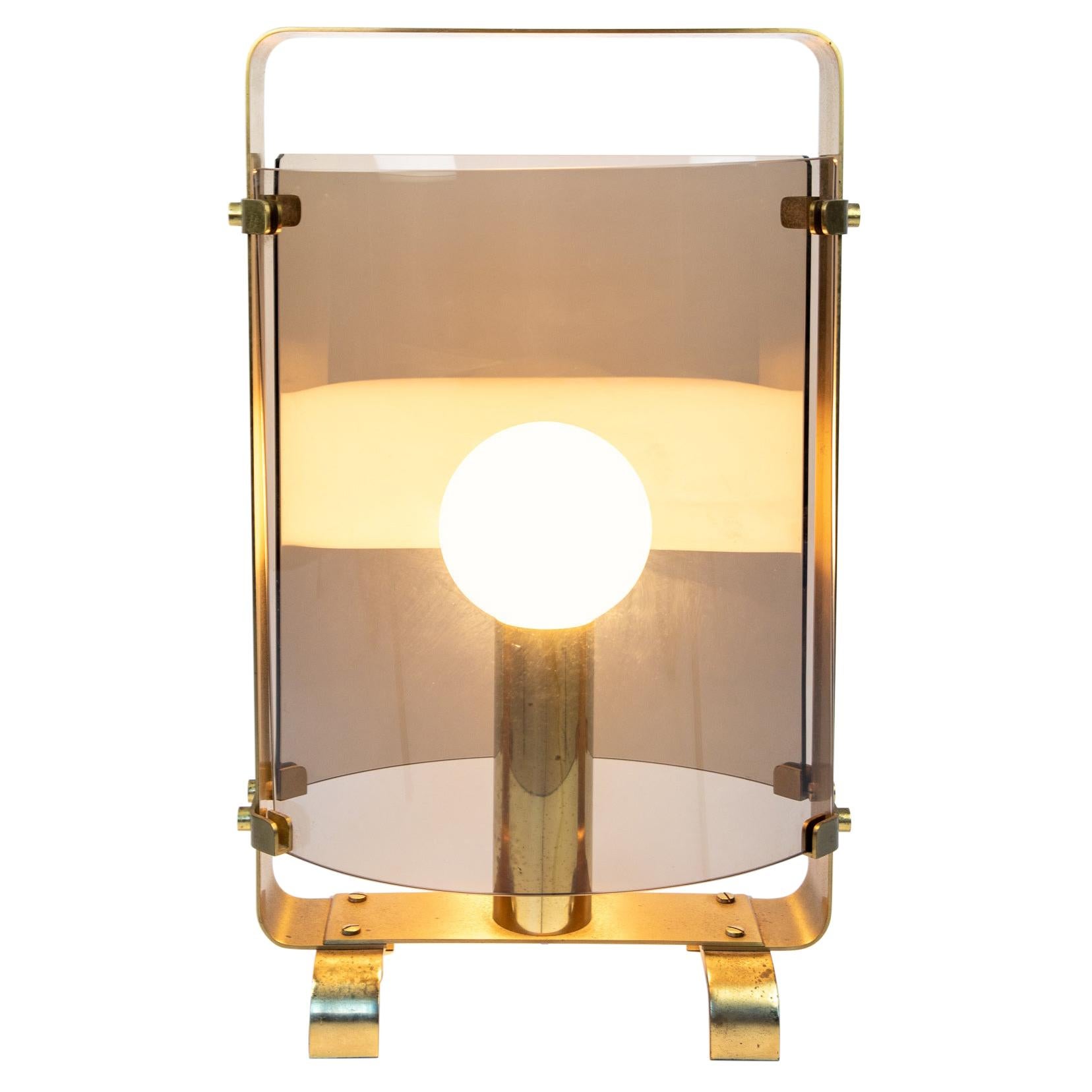 Mid Century Modern Table Lamp XL, Smoked Glass and Golden Brass, Italy, 1960s