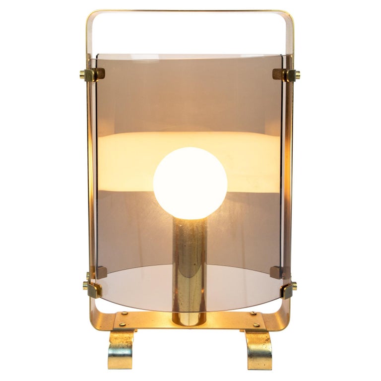 Mid Century Modern Table Lamp XL, Smoked Glass and Golden Brass, Italy, 1960s For Sale