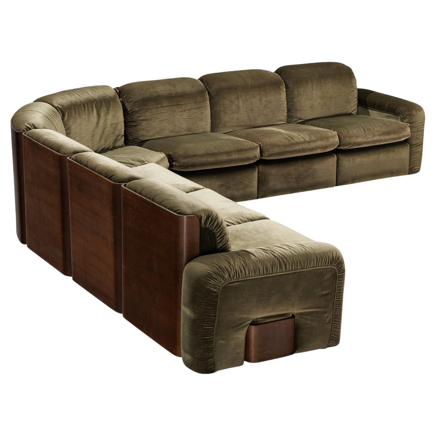 Italian Mid-century Grand Sectional Sofa in Moss Green Fabric