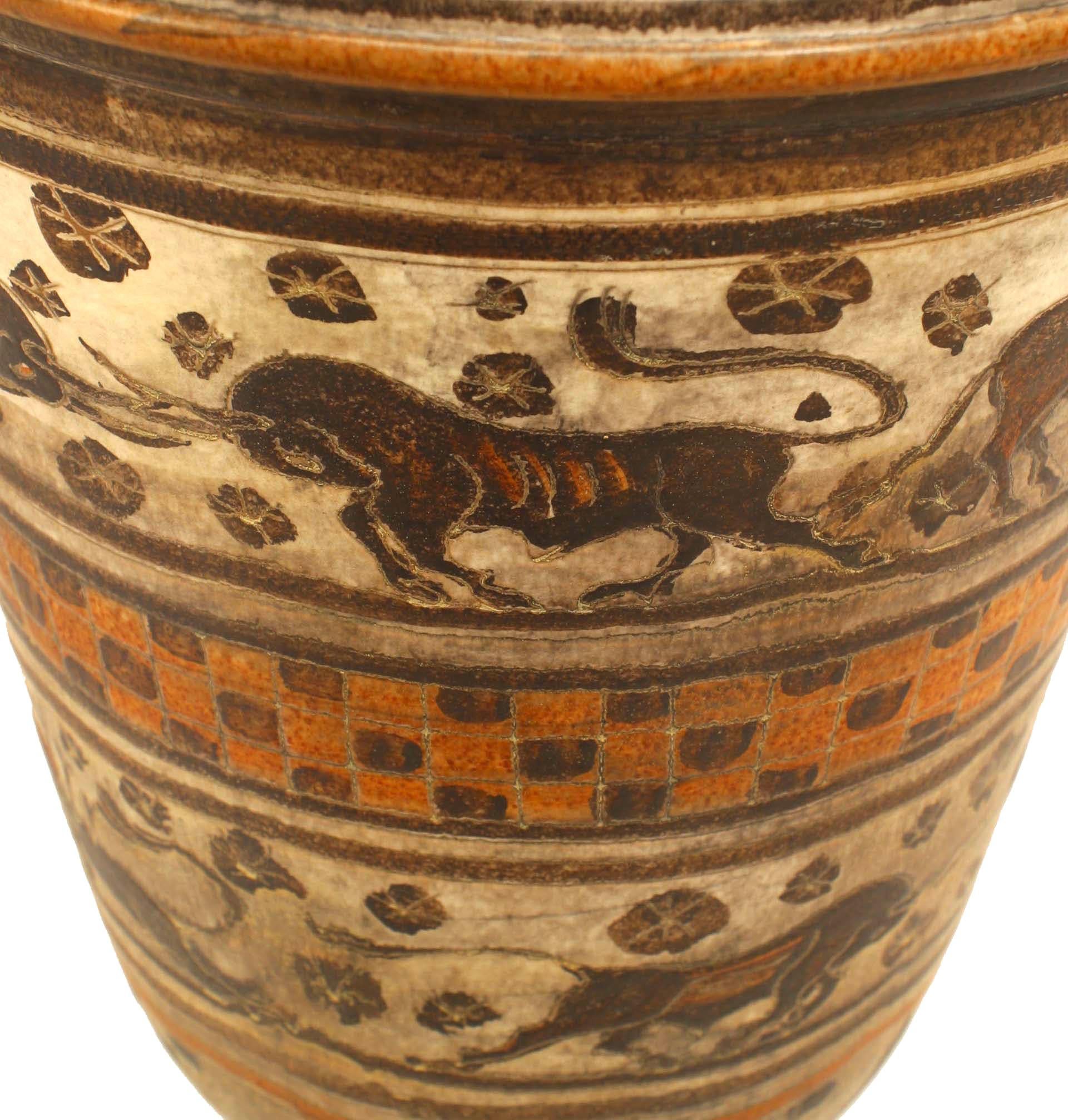 Grecian Etruscan style (Italian 1940s) glazed earthenware handled large vase with animal & geometric decoration in various shades of brown.
  