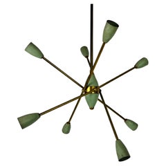 Italian Mid-Century Green and Brass 8-Arm Sputnik Chandelier, 1950s