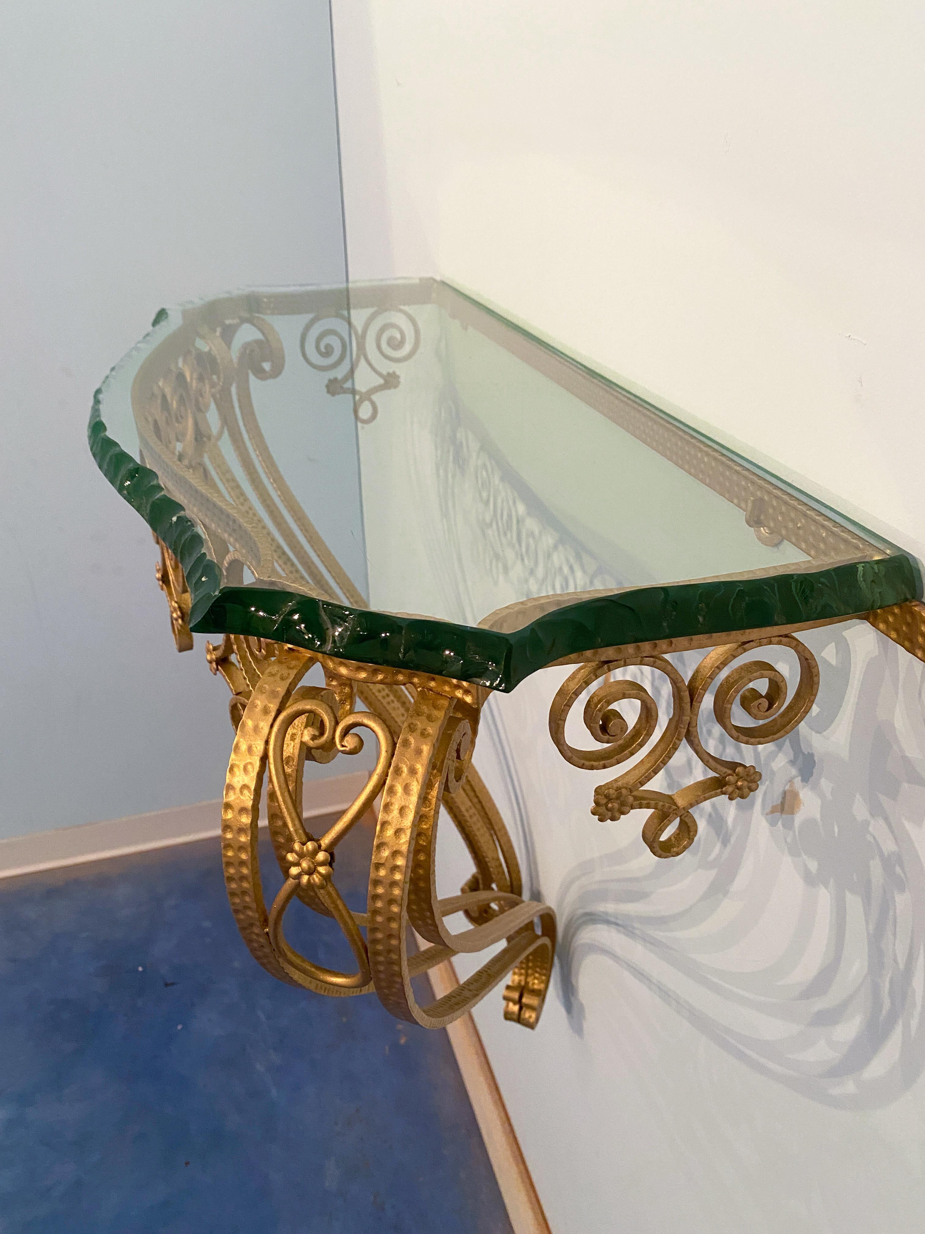 Italian Midcentury Green Crystal Gold Iron Console Table by Pier Luigi Colli For Sale 9