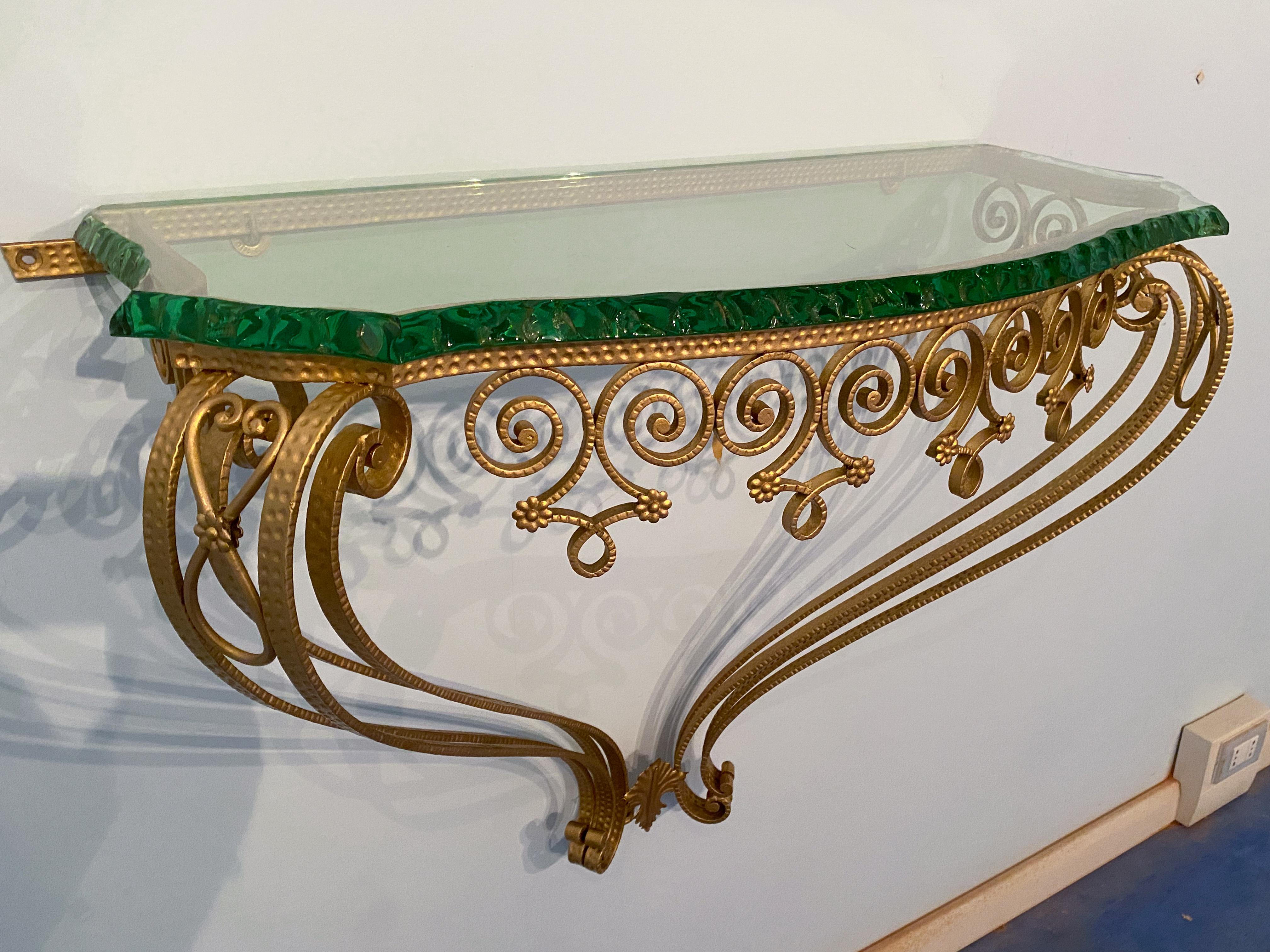 Italian Midcentury Green Crystal Gold Iron Console Table by Pier Luigi Colli For Sale 12
