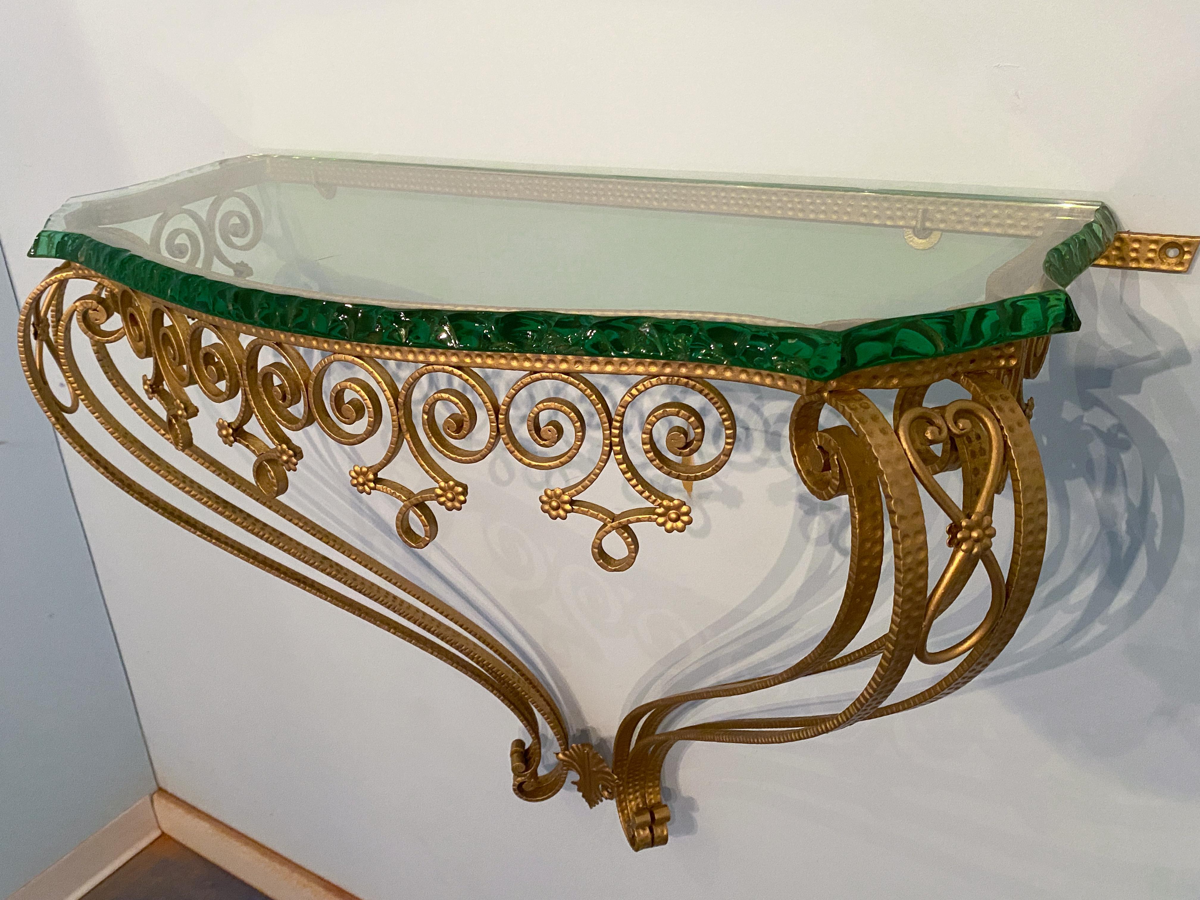 Italian Midcentury Green Crystal Gold Iron Console Table by Pier Luigi Colli For Sale 13