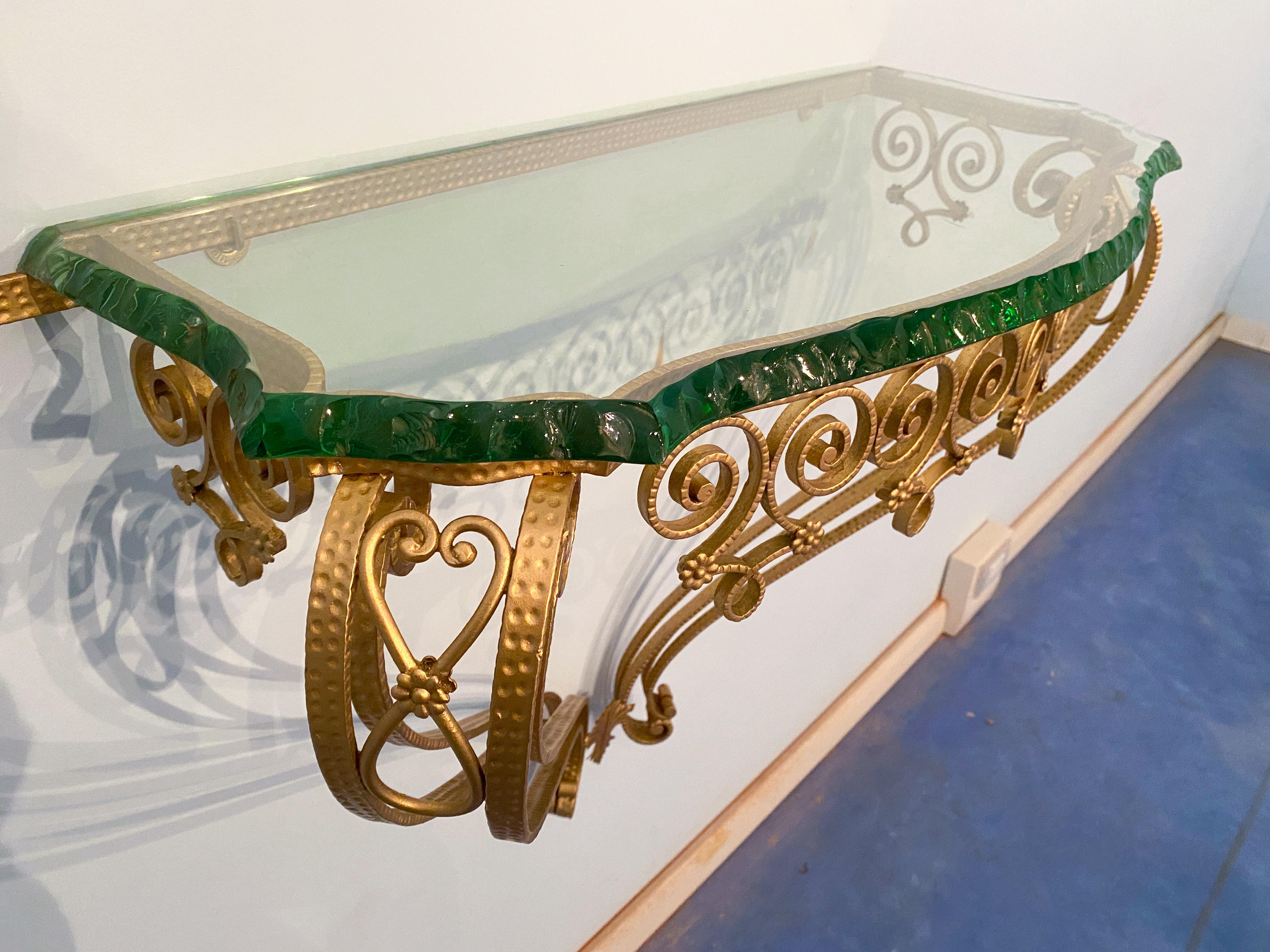 Hand-Crafted Italian Midcentury Green Crystal Gold Iron Console Table by Pier Luigi Colli For Sale