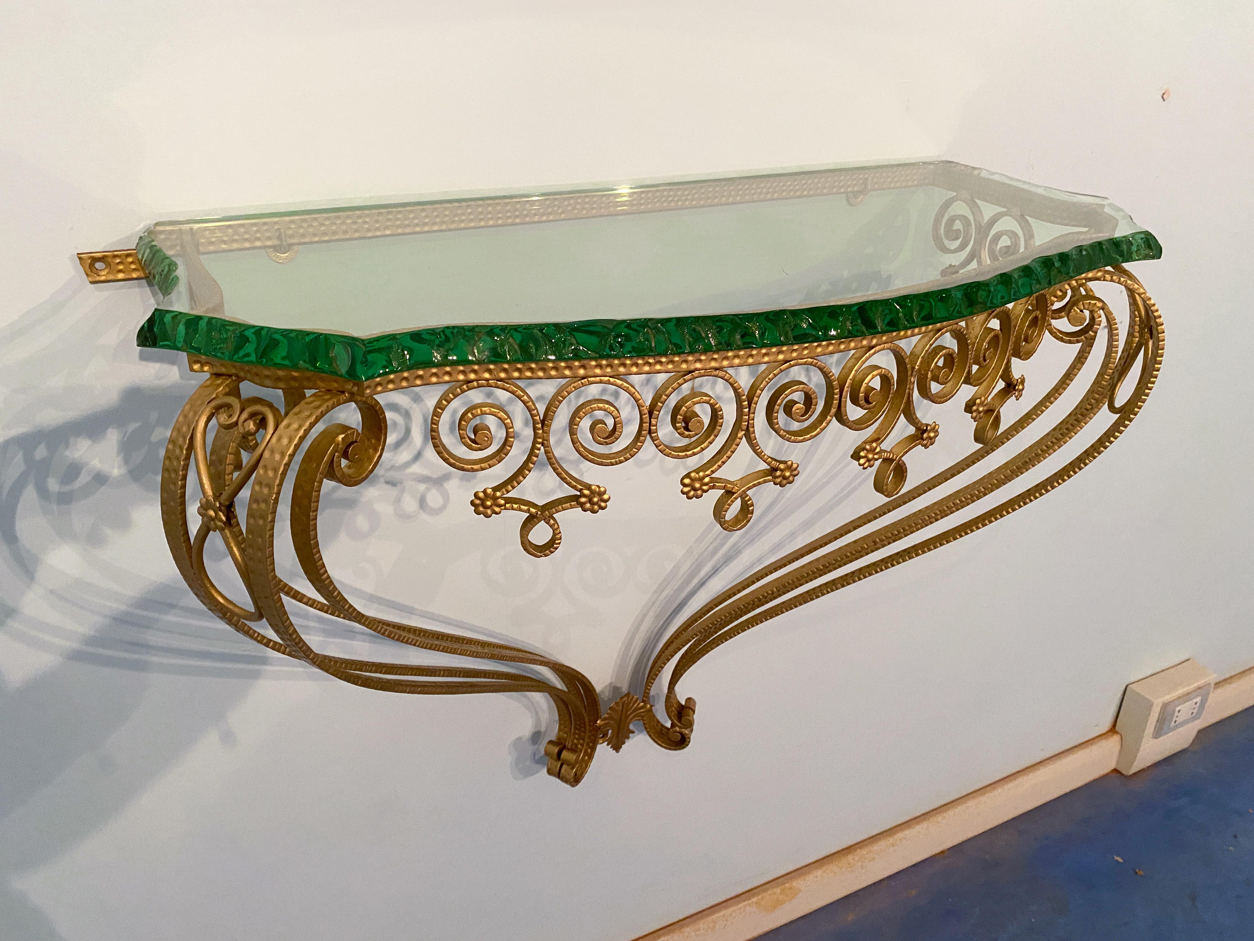 Italian Midcentury Green Crystal Gold Iron Console Table by Pier Luigi Colli For Sale 1