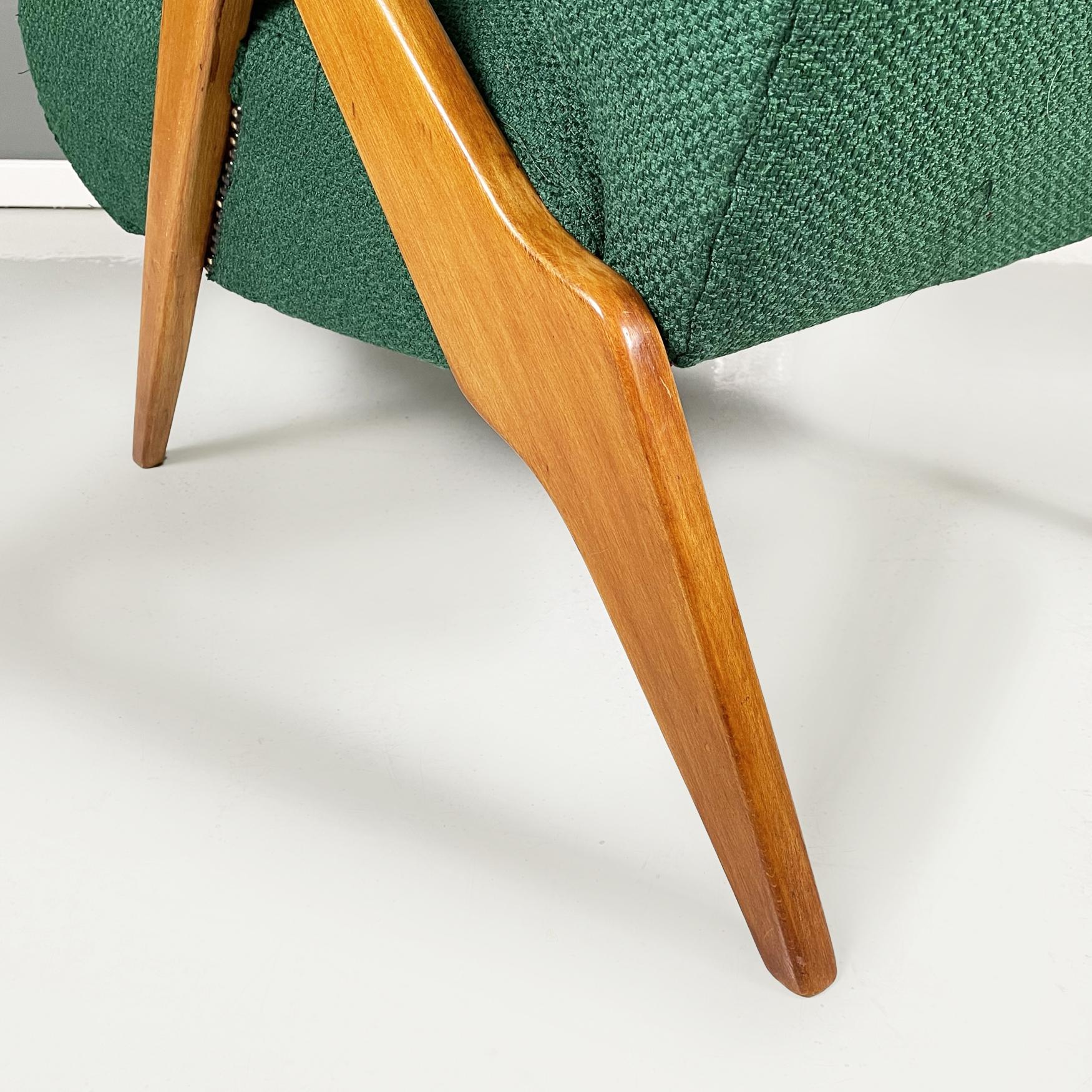 Italian Mid-Century Green Fabric Wood Reclining Armchair Antonio Gorgone, 1950 For Sale 7