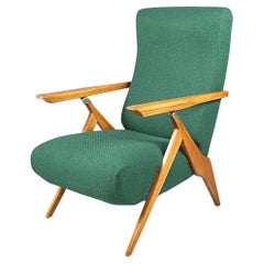 Vintage Italian Mid-Century Green Fabric Wood Reclining Armchair Antonio Gorgone, 1950