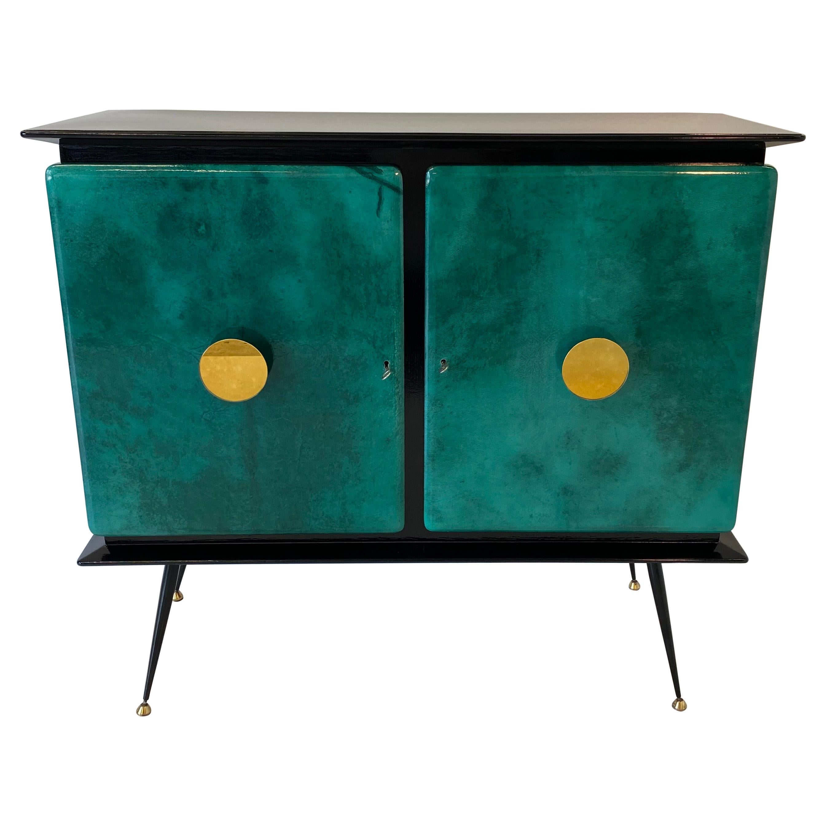Italian Mid-Century Green Parchment and Gold Mirrors Bar Cabinet, 1950s