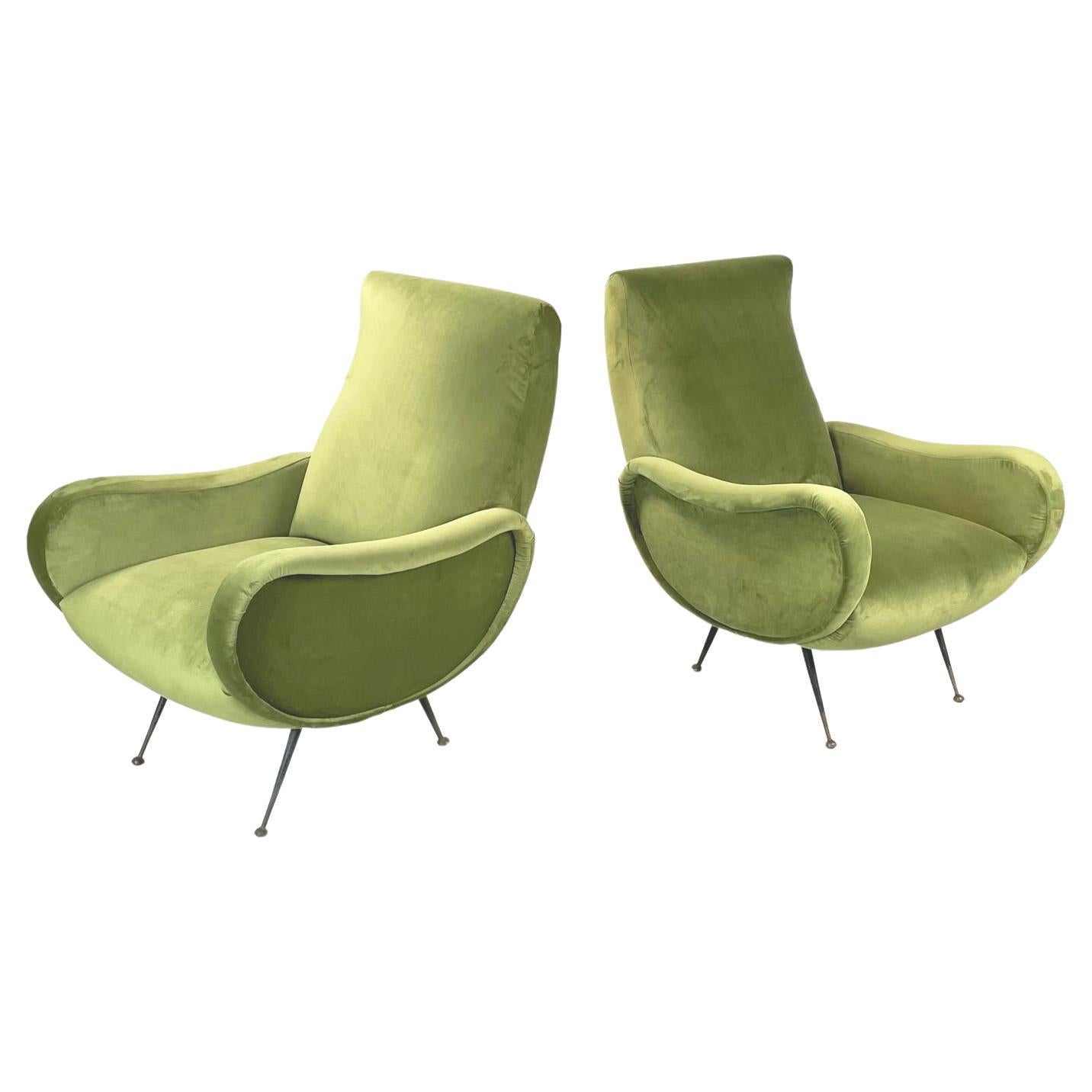 Italian Midcentury Green Velvet and Black Metal Armchairs in Lady Style, 1950s