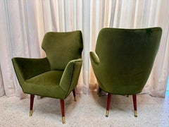 Italian Mid-Century Green Velvet Mohair Armchairs, PAIR