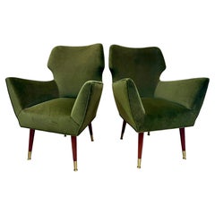 Italian Mid-Century Green Velvet Mohair Armchairs, PAIR