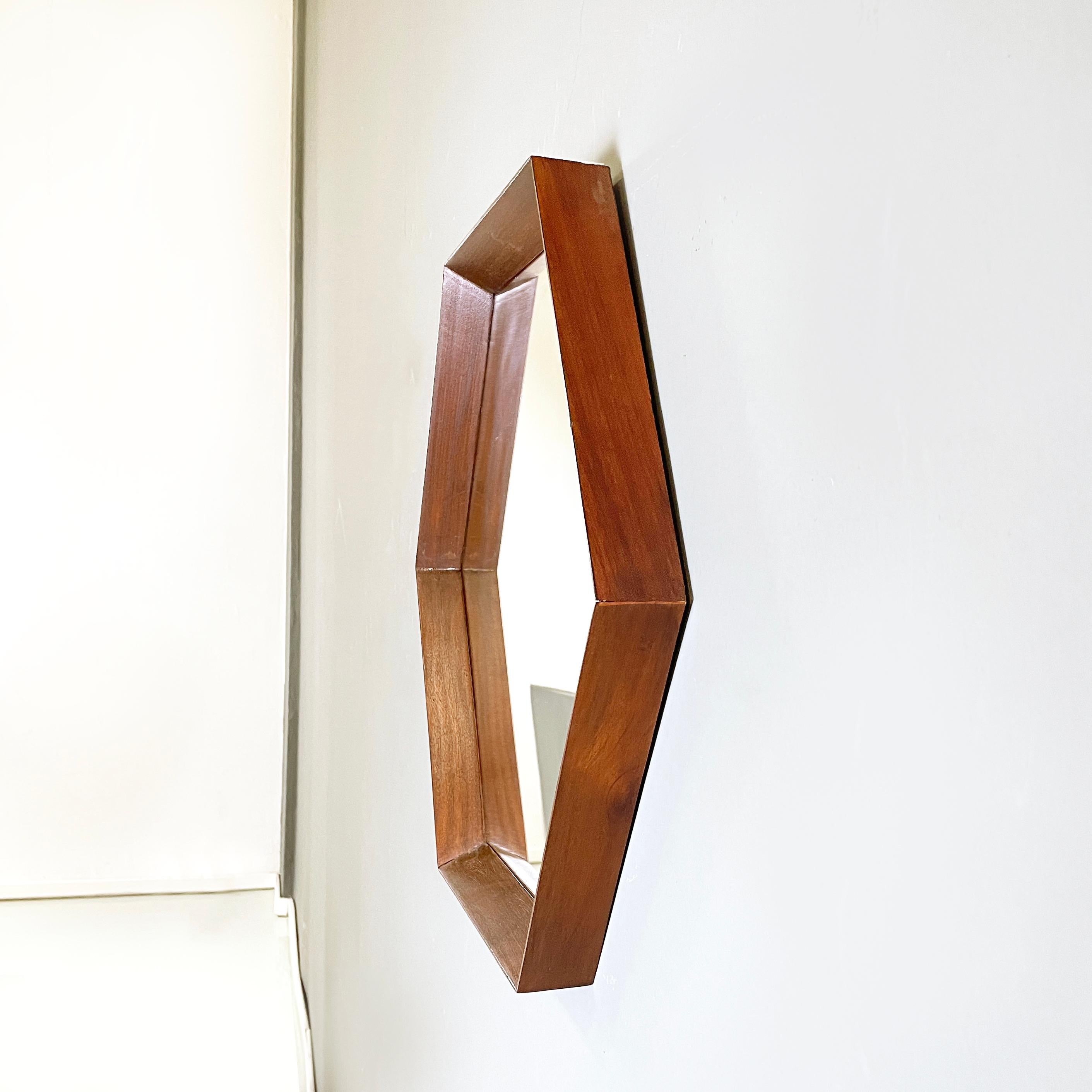 Mid-Century Modern Italian mid-century Hexagonal wall mirror with wooden frame, 1960s For Sale