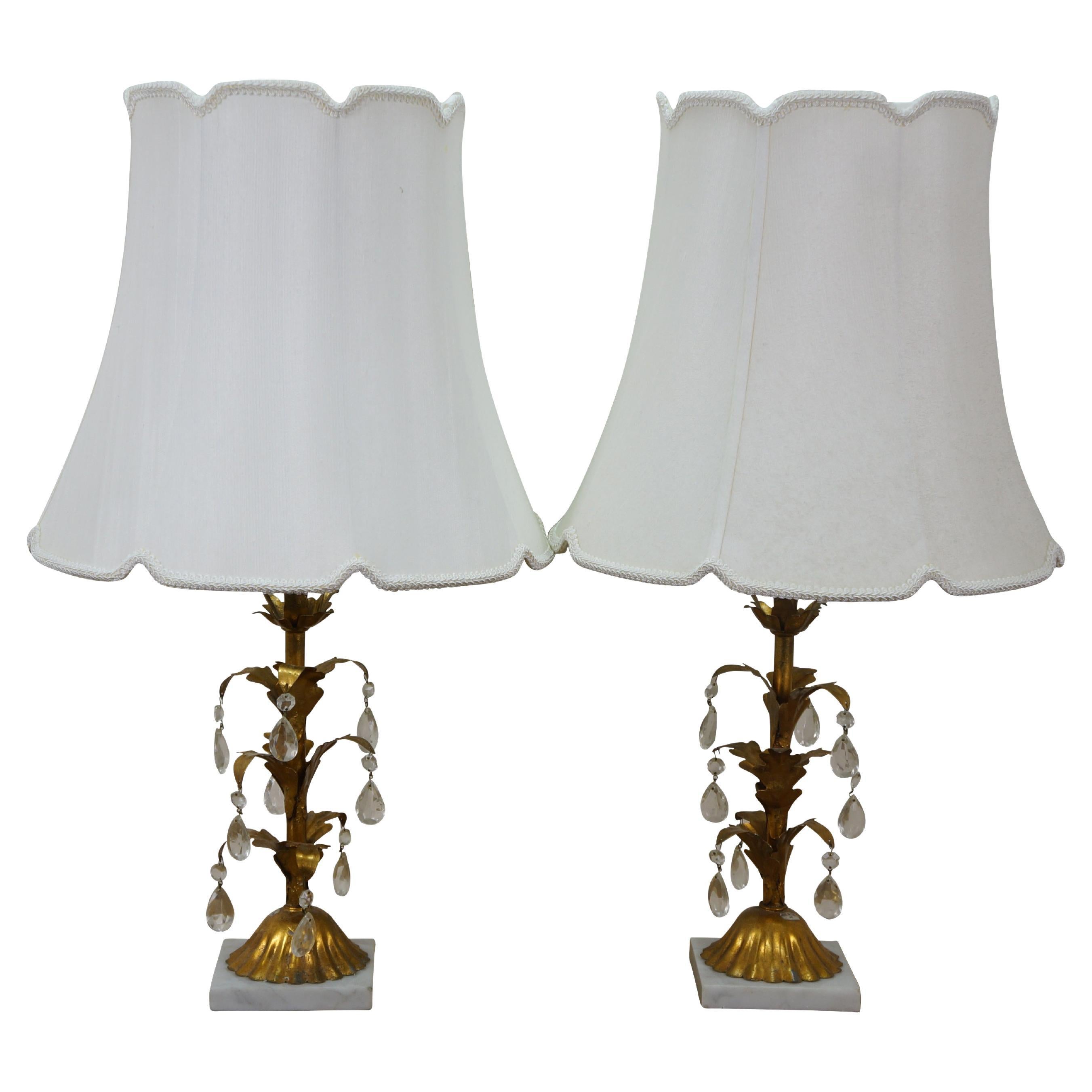 Italian Mid Century Hollywood Regency Florentine Gilt Tole Drop Crystal Lamps For Sale