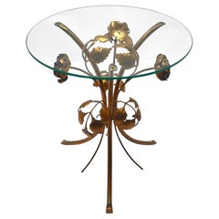 Italian Mid-Century Hollywood Regency Gilt Metal Flowers Glass Table, 1970s