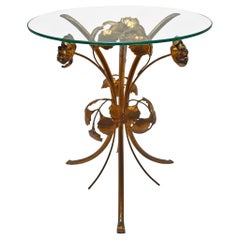 Italian Mid-Century Hollywood Regency Gilt Metal Flowers Glass Table, 1970s