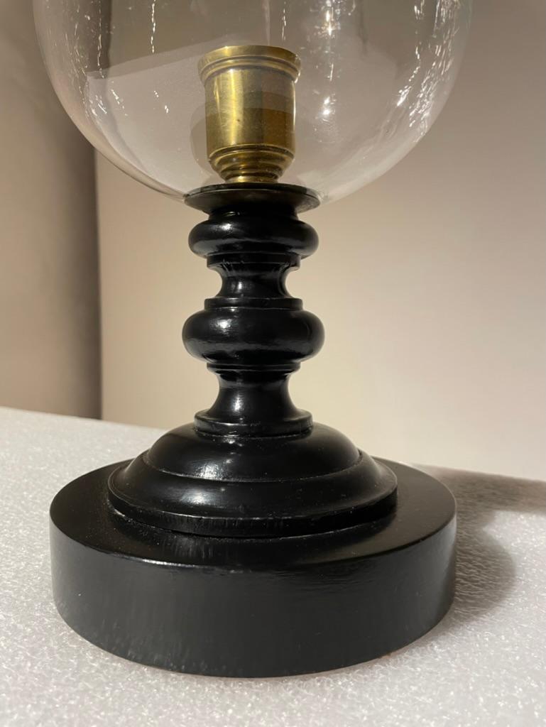 Brass Italian Mid Century Hurricane Lamp with Black Lacquered Base