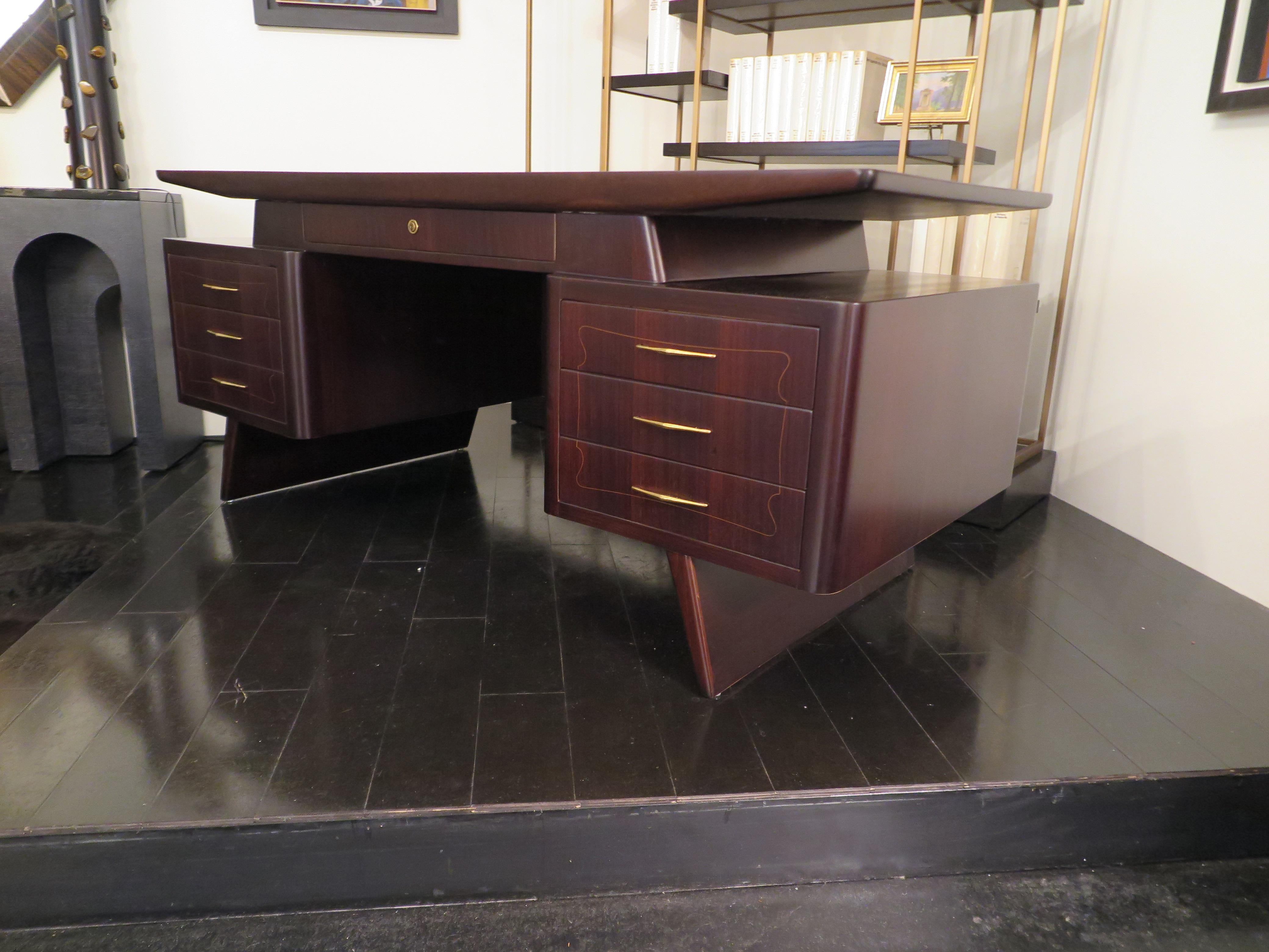 Brass Italian Mid-Century Indian Rosewood Desk By Dassi For Sale
