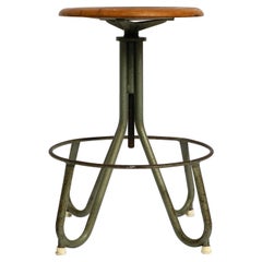 Italian Mid Century Industrial Metal Stool  Rotatable with Plywood Seat Surface
