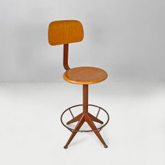Italian mid-century industrial wood and brown metal adjustable round stool 1960s