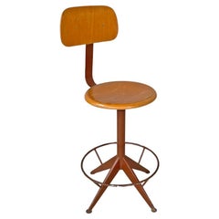 Italian mid-century industrial wood and brown metal adjustable round stool 1960s