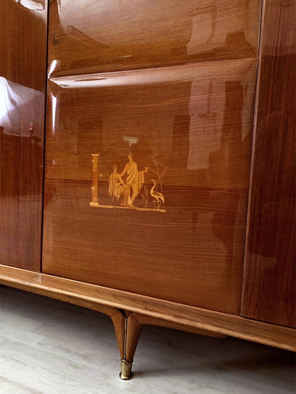 Brass Paolo Buffa Mid-Century Walnut Chest of Drawers and Armoire with Inlays, 1950s