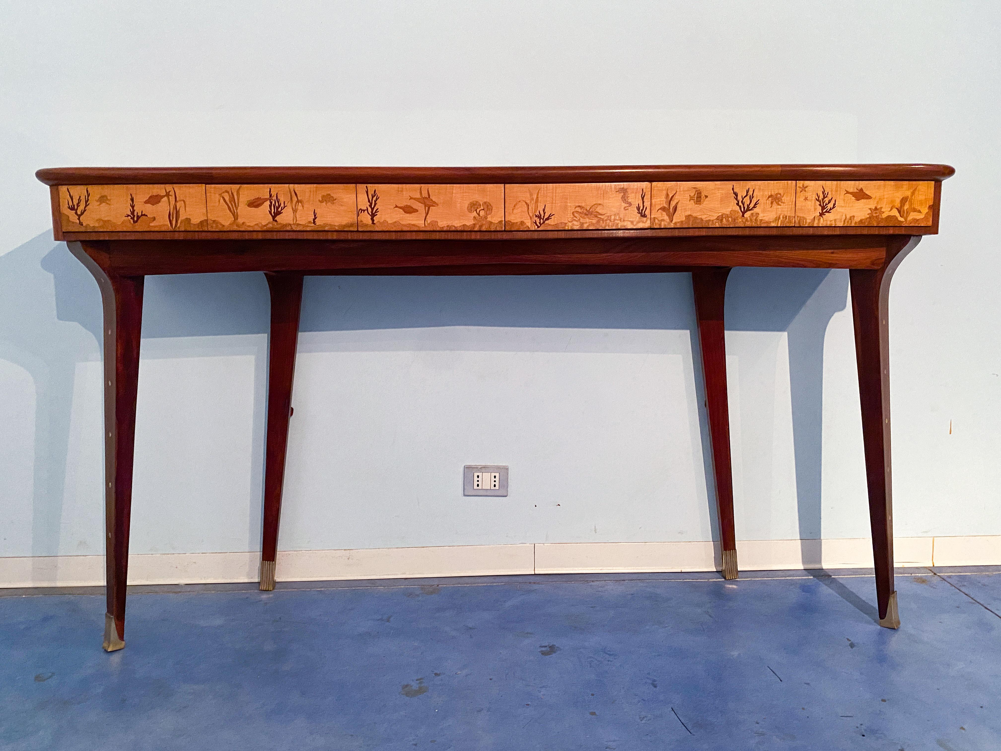 Italian Midcentury Inlaid Console with Mirror by Andrea Gusmai, 1950s For Sale 10