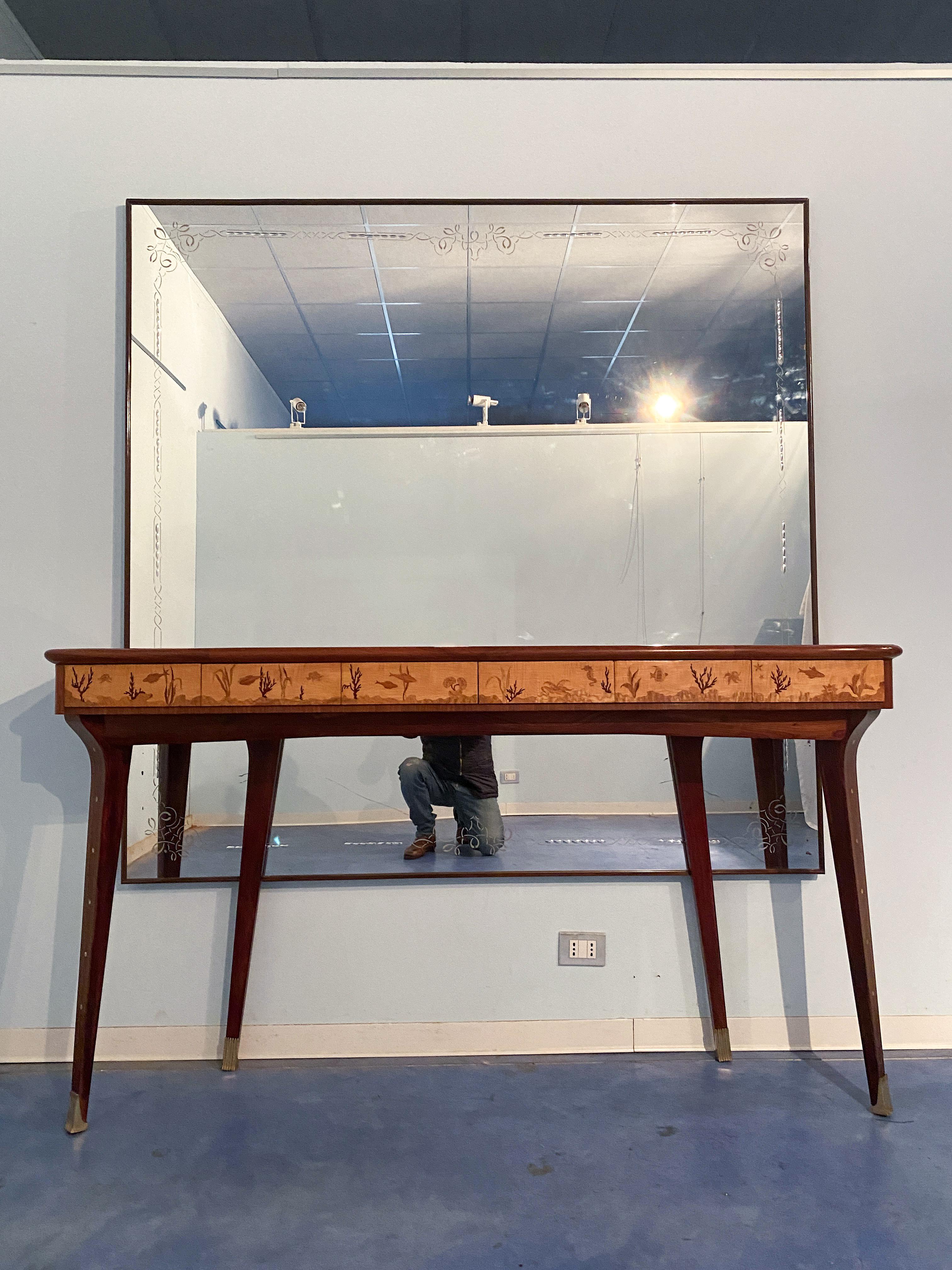 Mid-Century Modern Italian Midcentury Inlaid Console with Mirror by Andrea Gusmai, 1950s For Sale