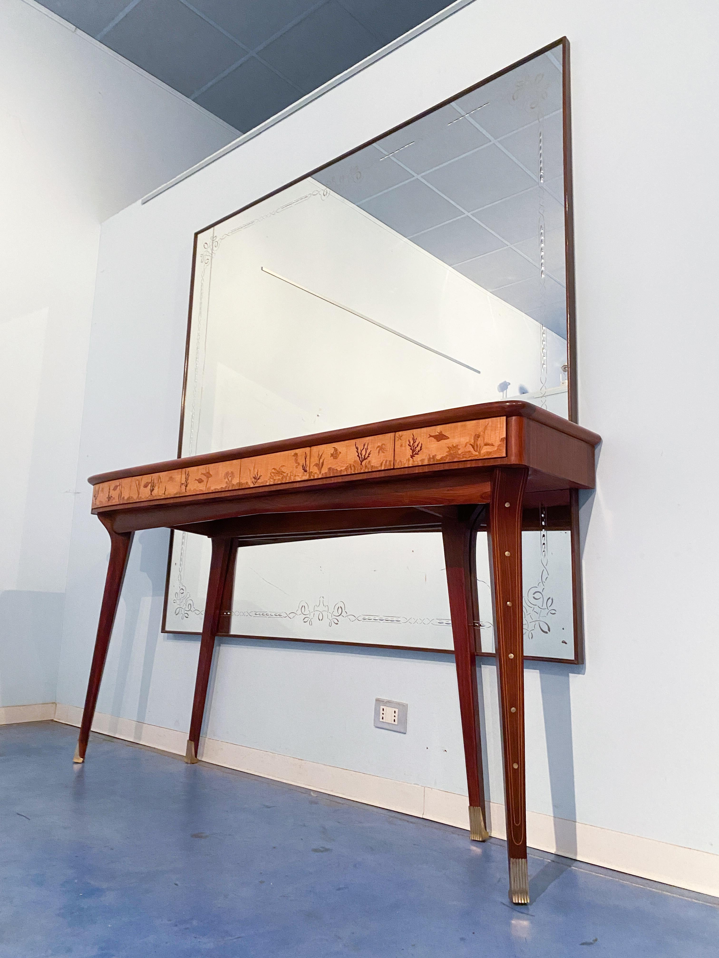 Italian Midcentury Inlaid Console with Mirror by Andrea Gusmai, 1950s In Good Condition For Sale In Traversetolo, IT