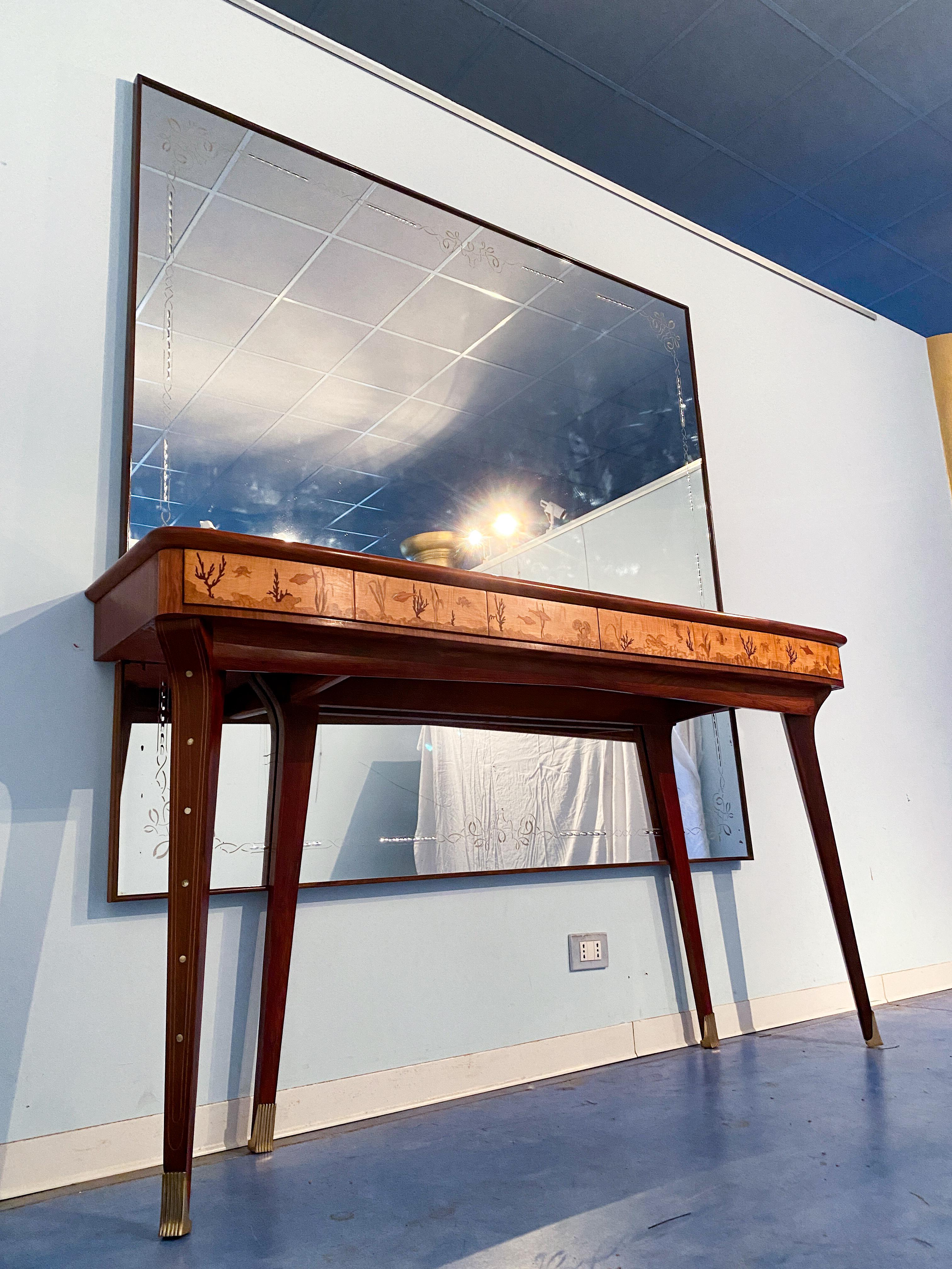 Mid-20th Century Italian Midcentury Inlaid Console with Mirror by Andrea Gusmai, 1950s For Sale
