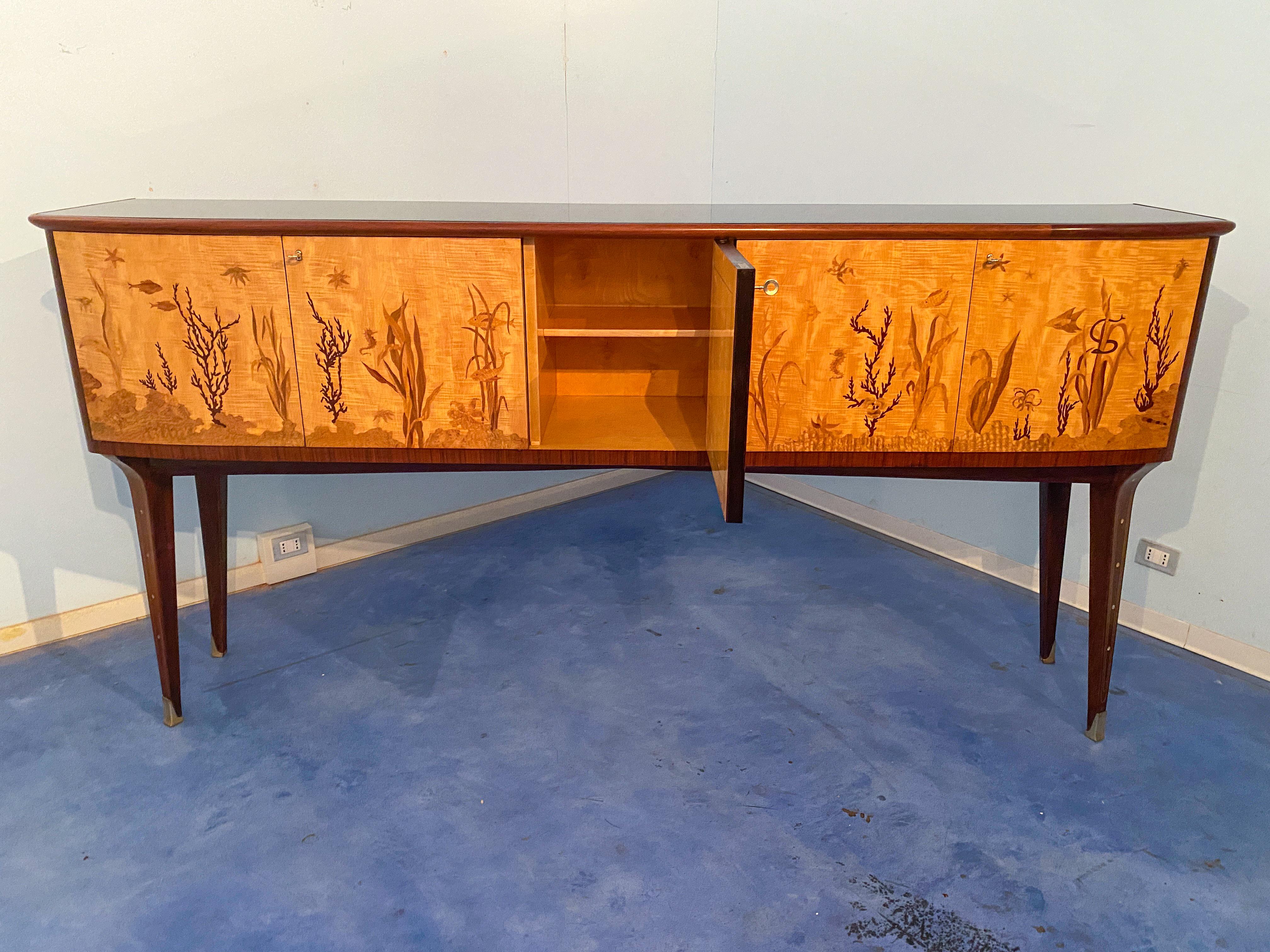 Brass Italian Midcentury Inlaid Maple Sideboard by Andrea Gusmai, 1950s For Sale
