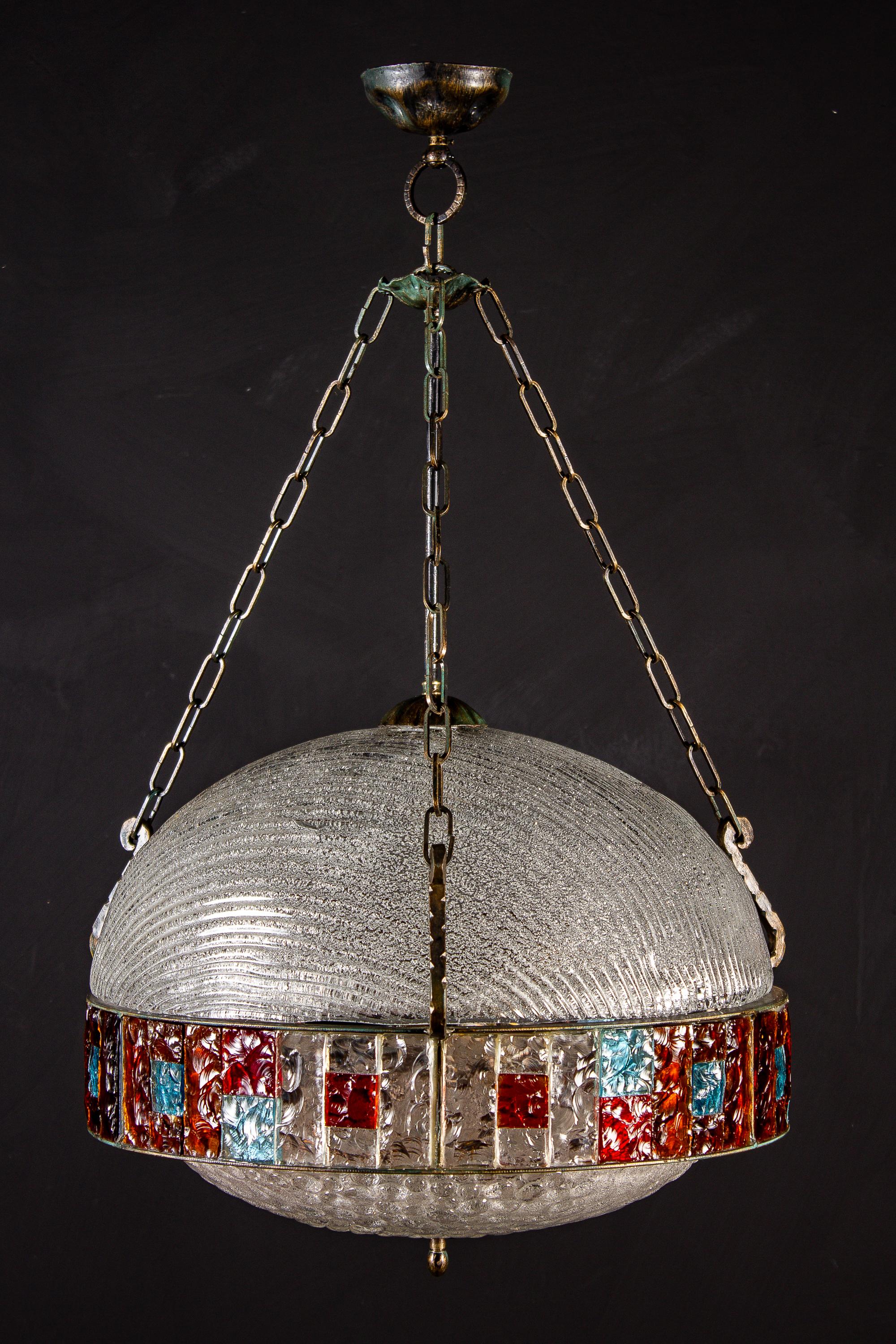Mid-Century Modern Italian Midcentury Iron and Colorful Murano Glass Pendant or Lantern