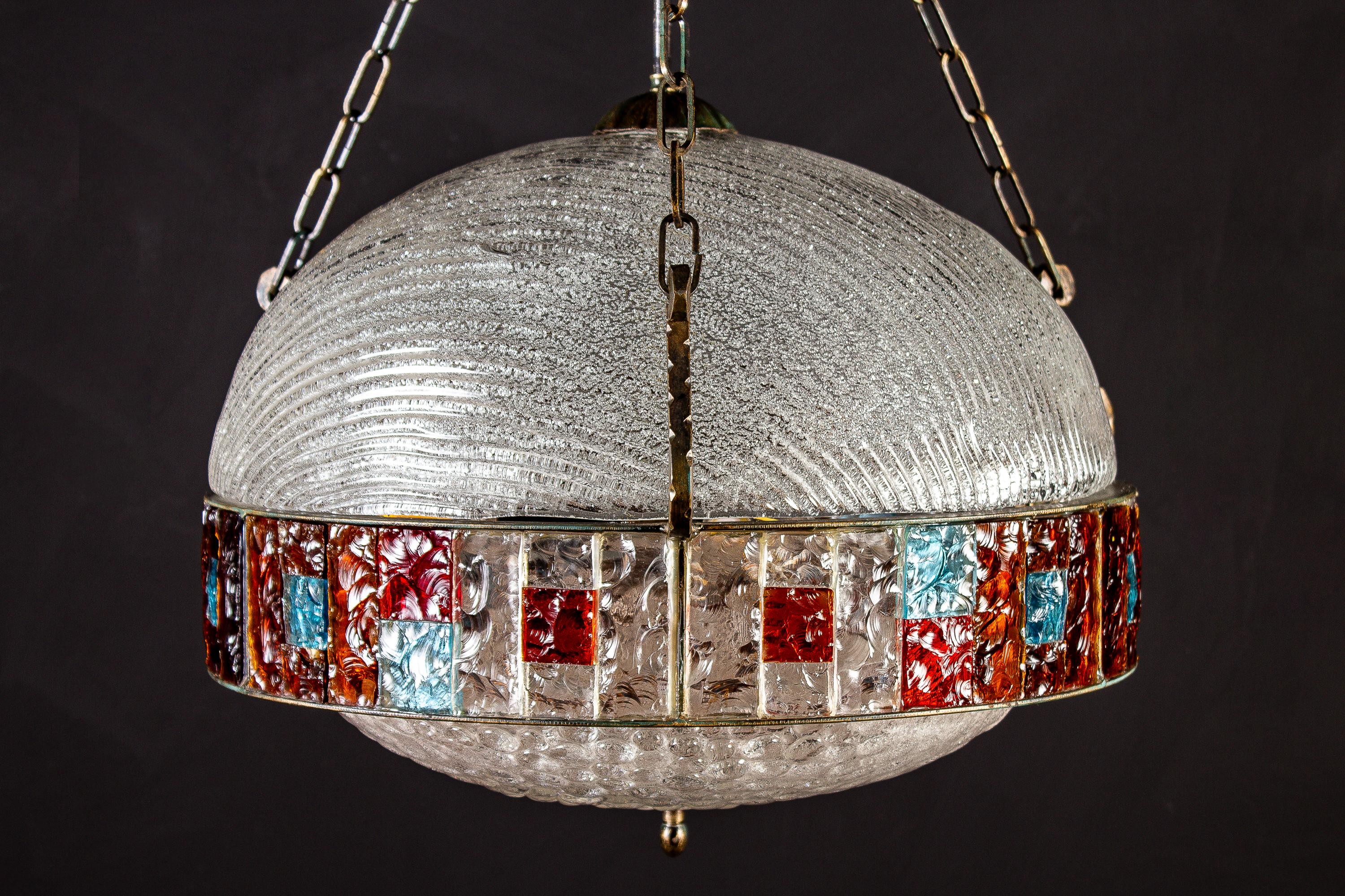 Italian Midcentury Iron and Colorful Murano Glass Pendant or Lantern In Excellent Condition In Rome, IT