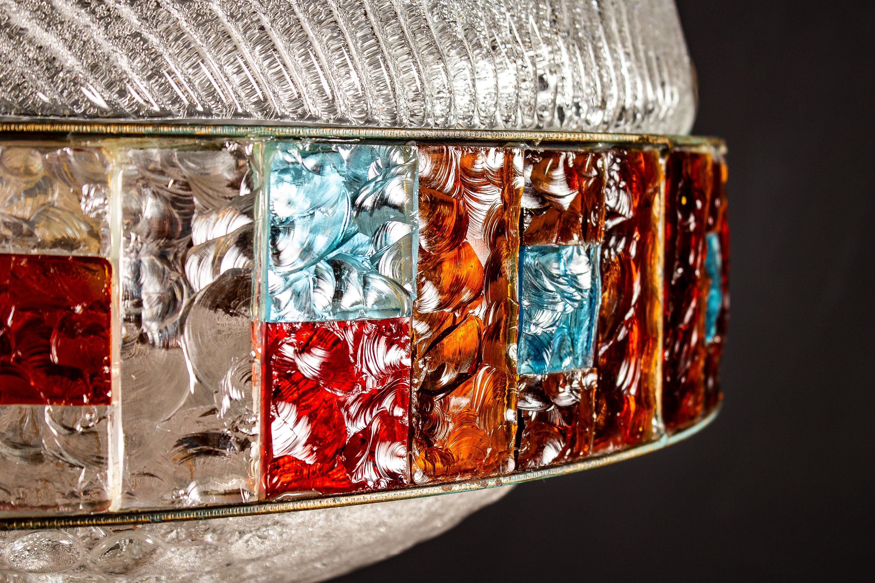 20th Century Italian Midcentury Iron and Colorful Murano Glass Pendant or Lantern