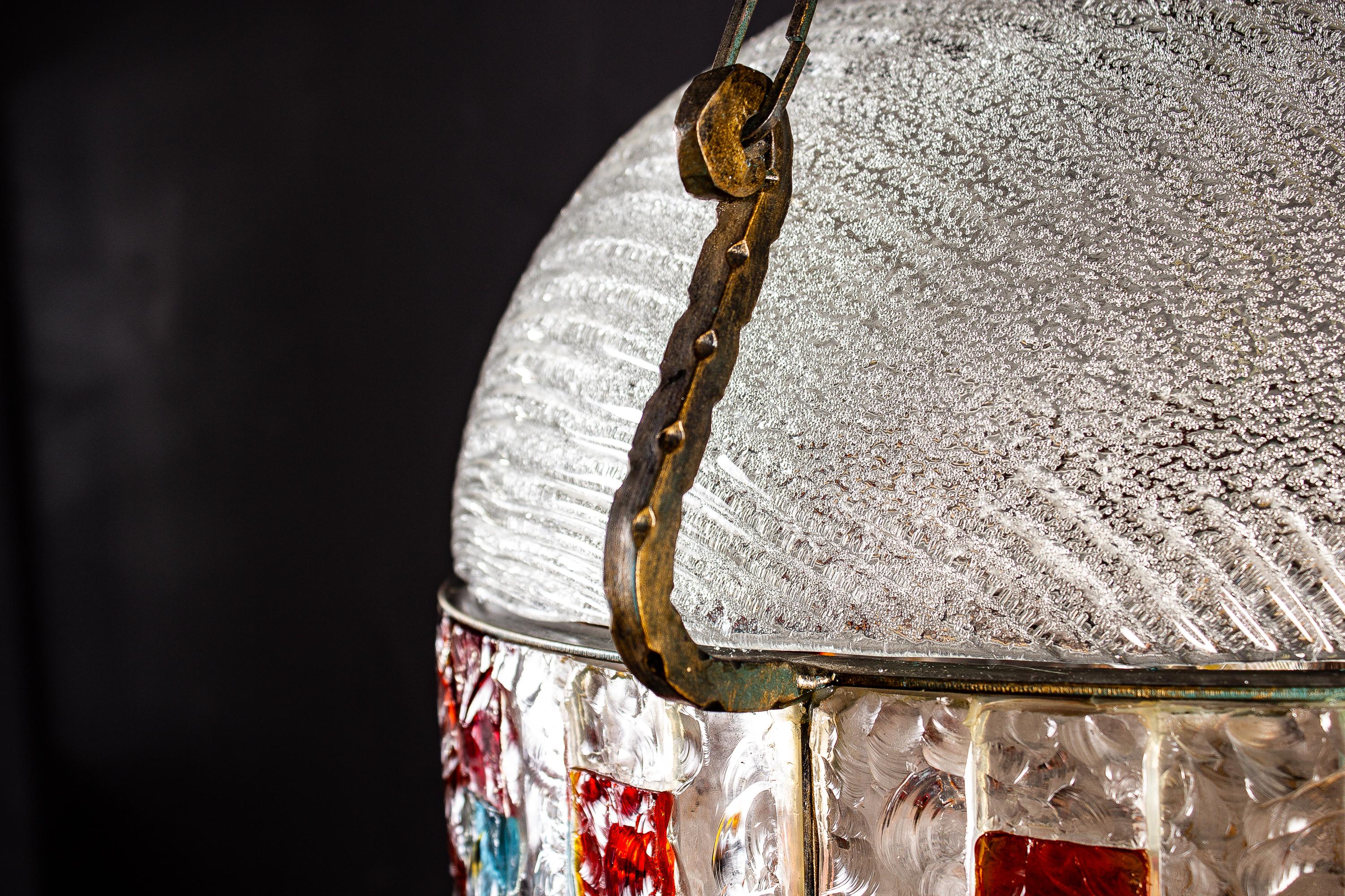Italian Midcentury Iron and Colorful Murano Glass Pendant or Lantern 2