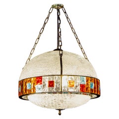 Italian Midcentury Iron and Colorful Murano Glass Pendant or Lantern