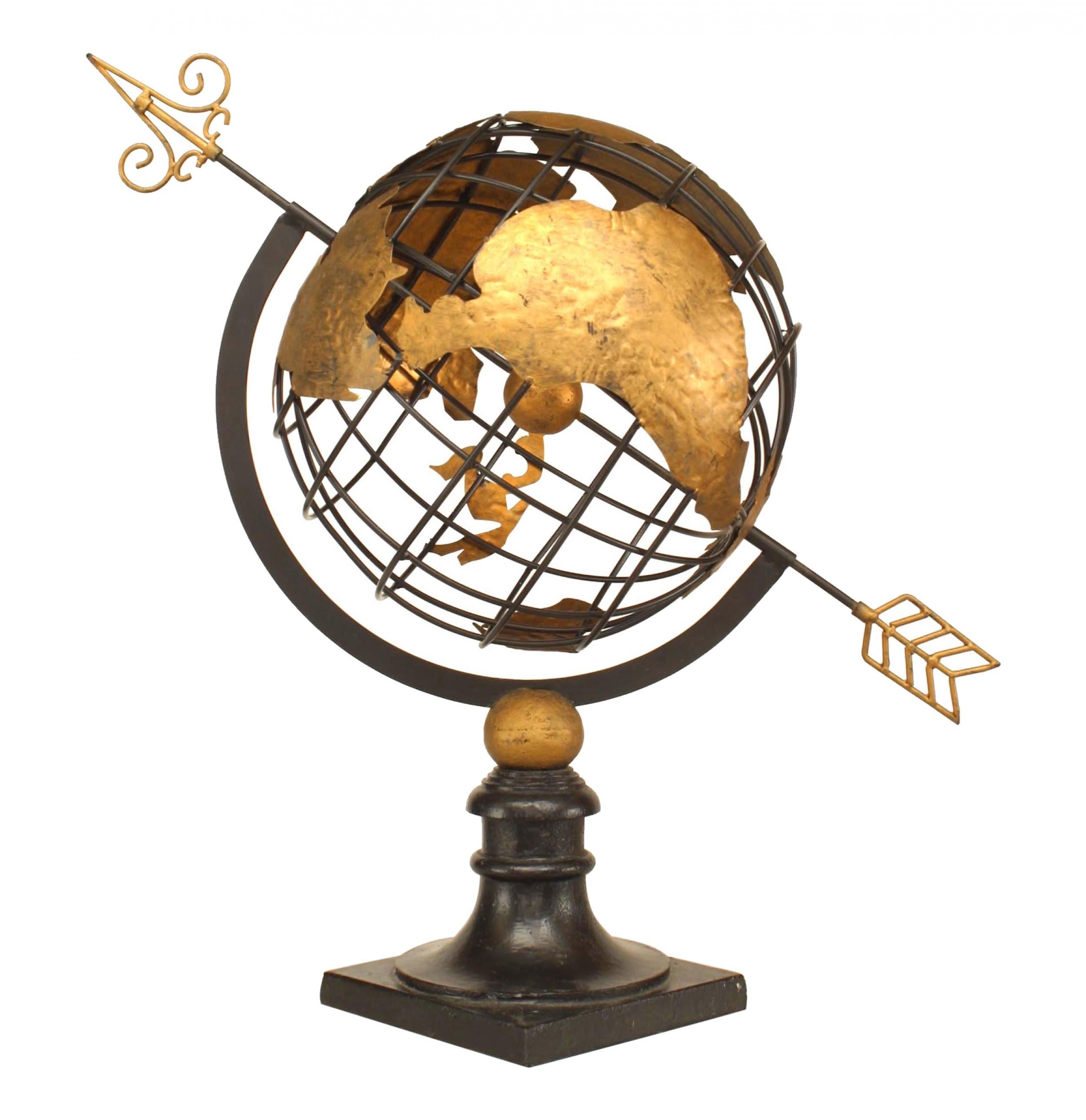 Italian Mid-Century modern painted iron armillary globe with gold Continents supported on a round black base.